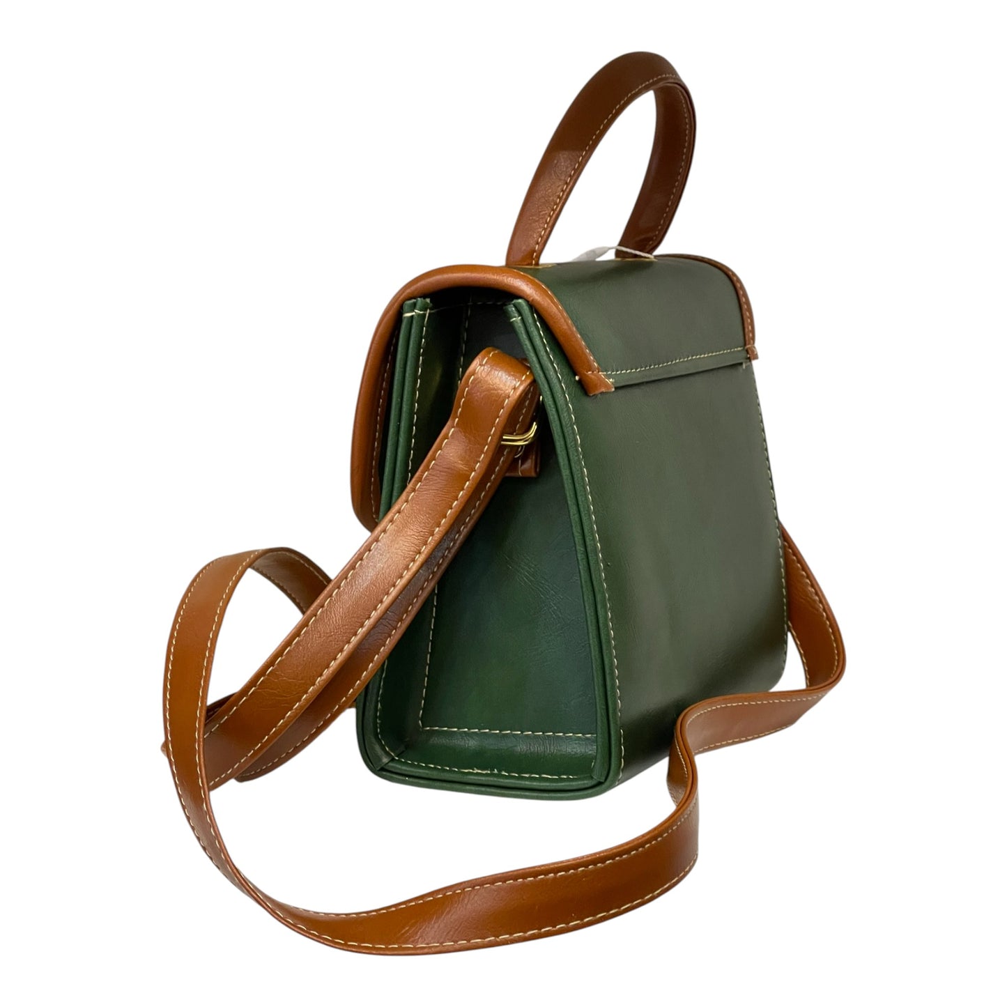 Handmade French Vegan Leather Handbag – Green, Cream & Brown Tricolor Design (16×16×9 cm)