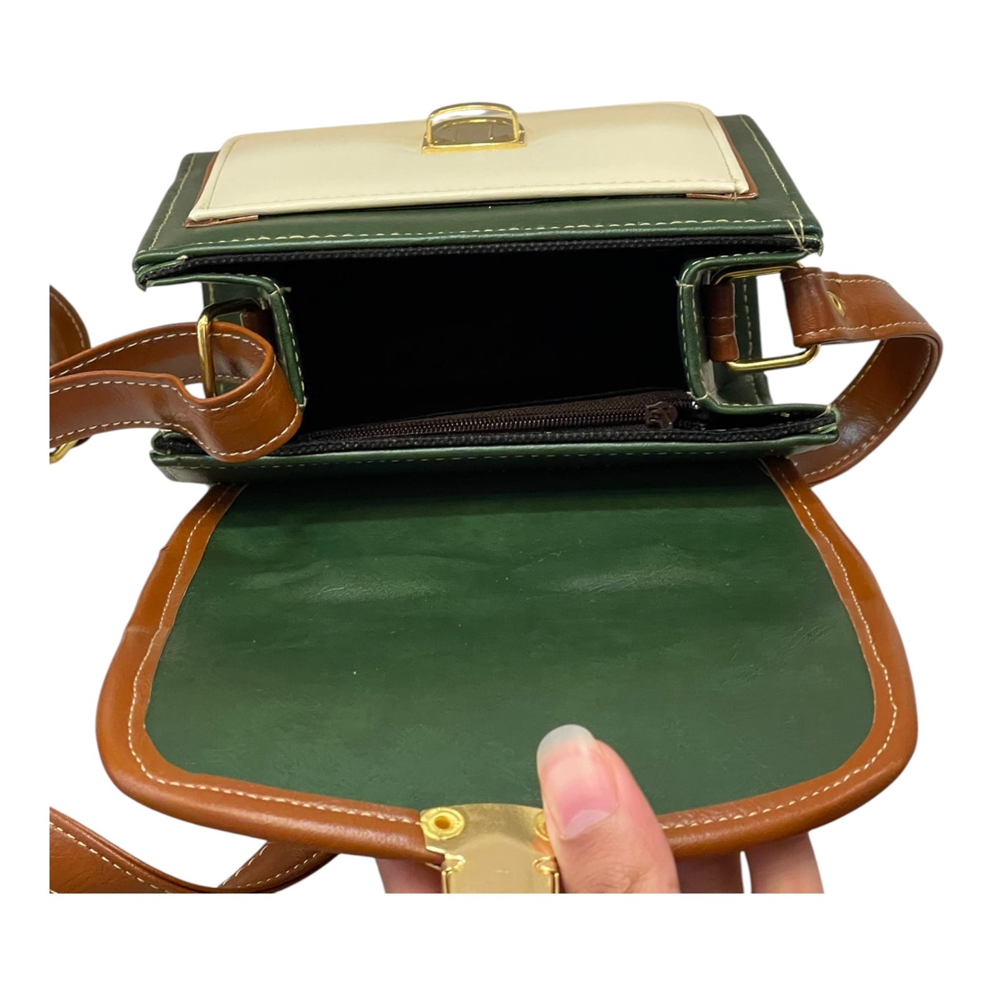Handmade French Vegan Leather Handbag – Green, Cream & Brown Tricolor Design (16×16×9 cm)