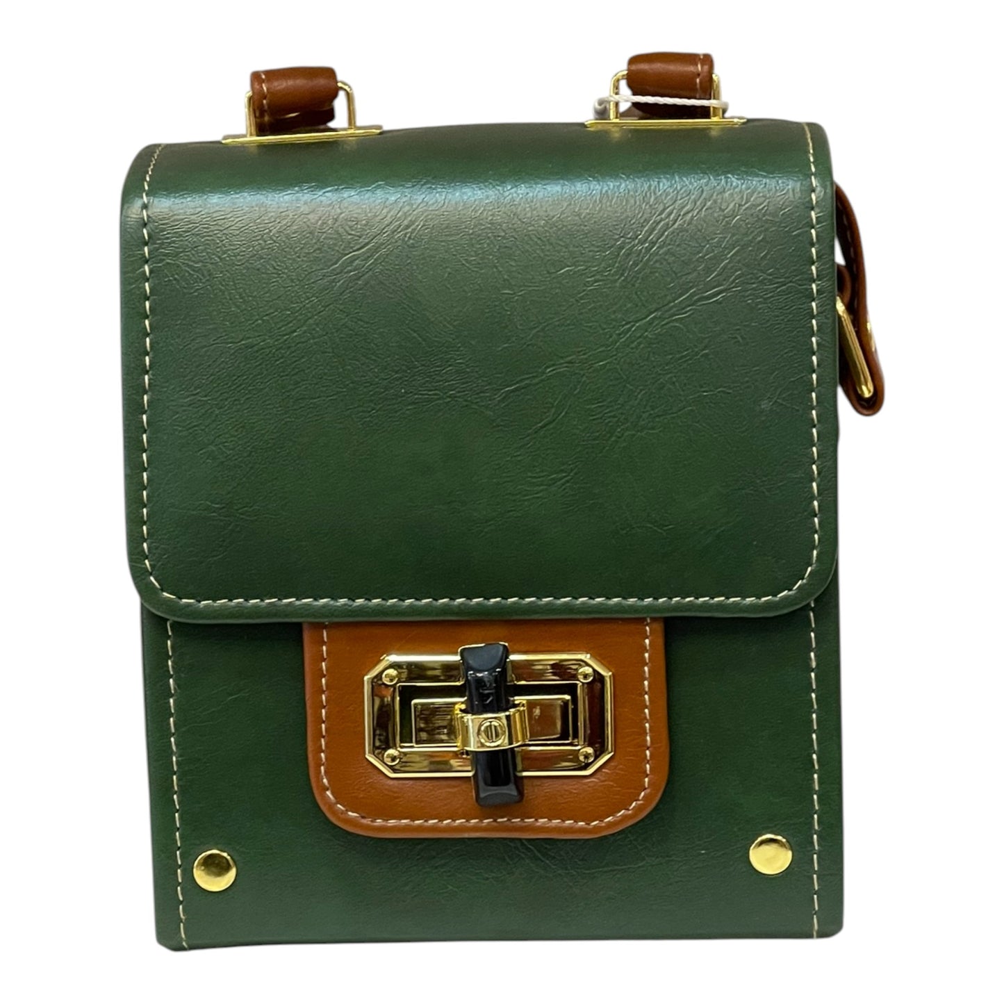 Handmade Vegan Leather Mini Satchel – Forest Green & Tan with Black Clasp | Structured Crossbody Bag 16x14x8 cm