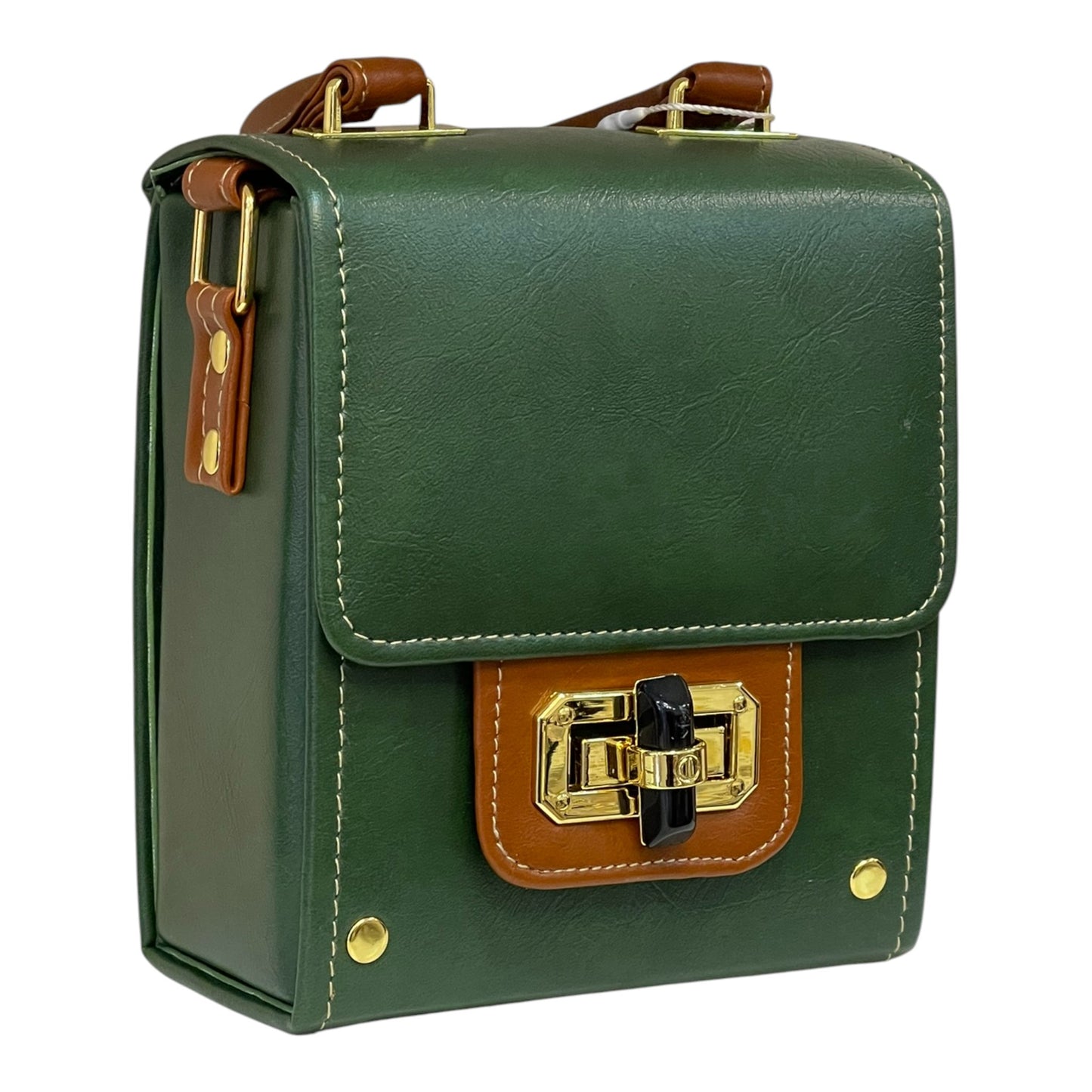 Handmade Vegan Leather Mini Satchel – Forest Green & Tan with Black Clasp | Structured Crossbody Bag 16x14x8 cm