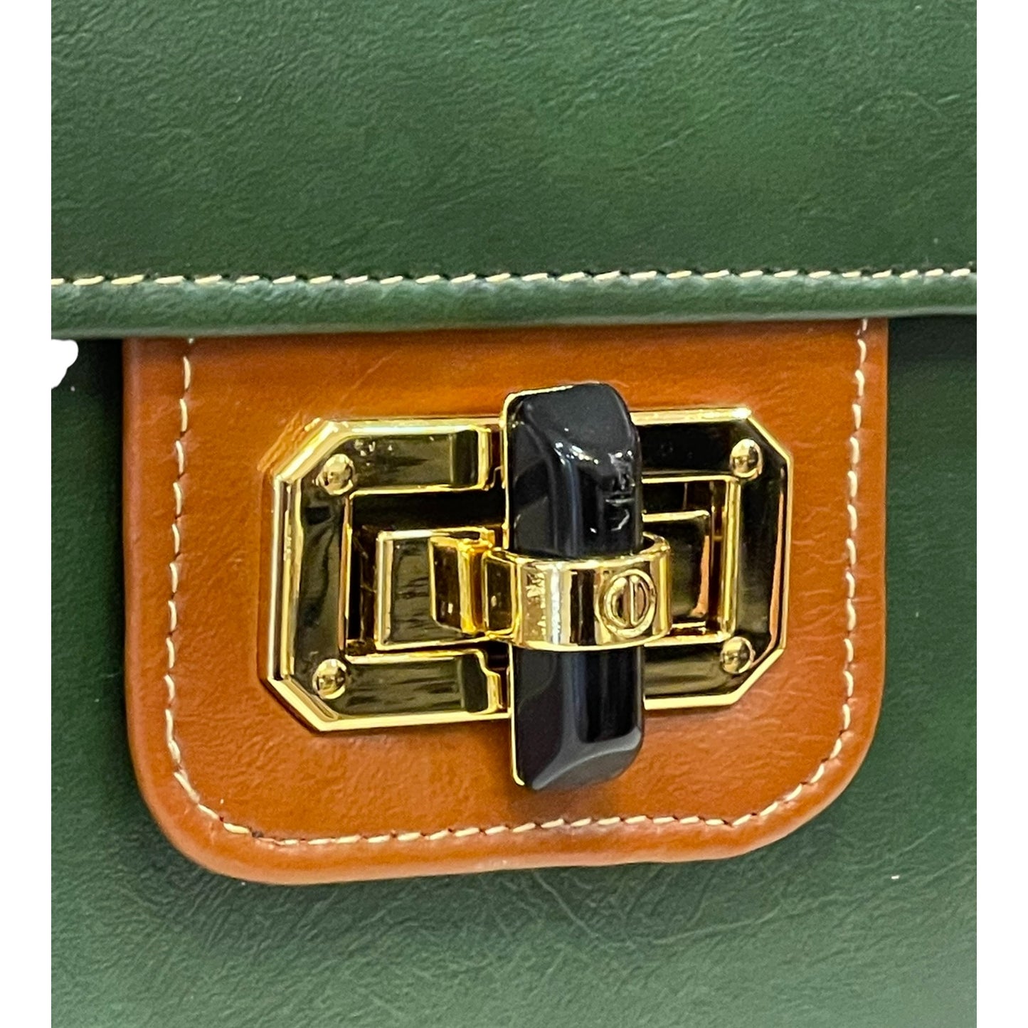 Handmade Vegan Leather Mini Satchel – Forest Green & Tan with Black Clasp | Structured Crossbody Bag 16x14x8 cm