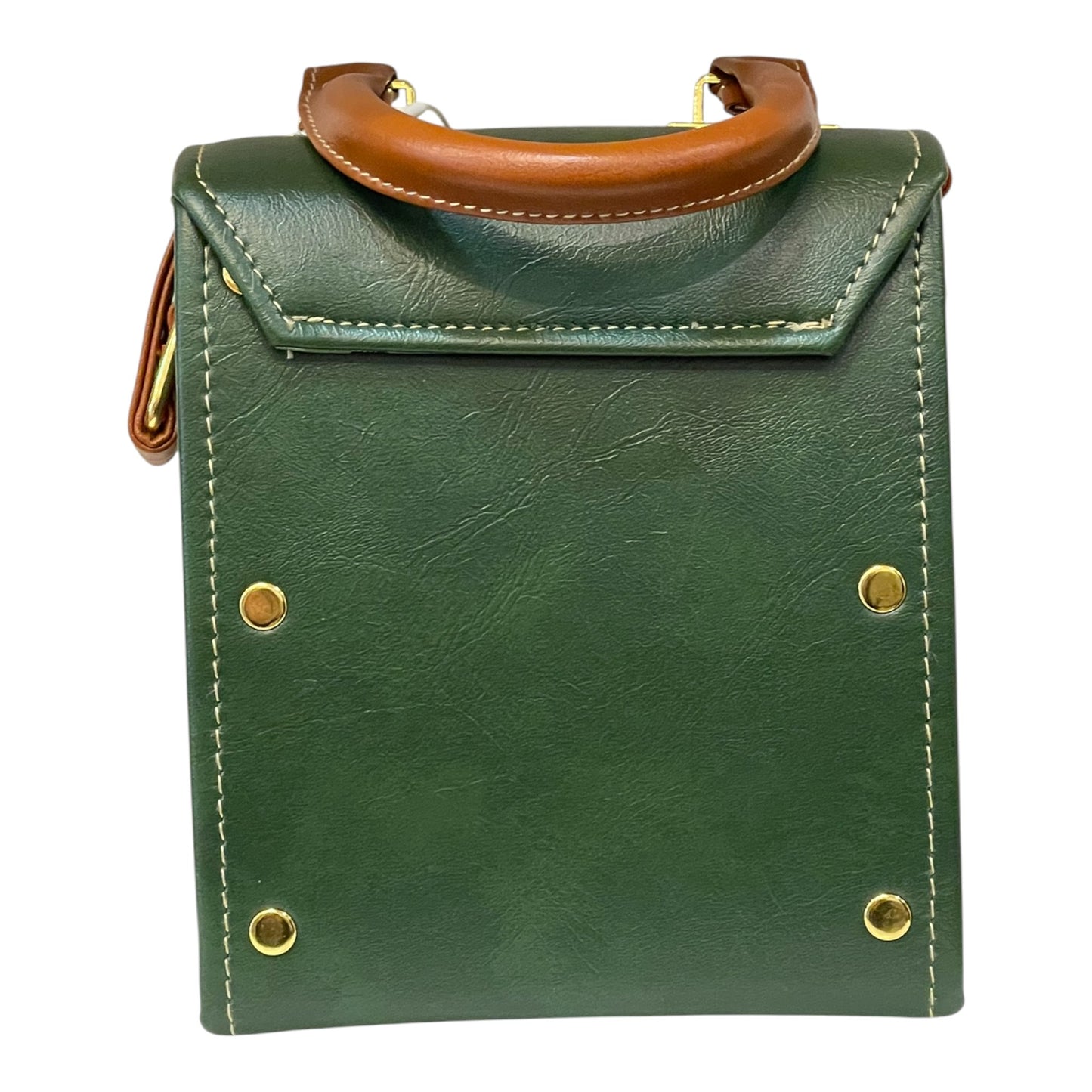 Handmade Vegan Leather Mini Satchel – Forest Green & Tan with Black Clasp | Structured Crossbody Bag 16x14x8 cm