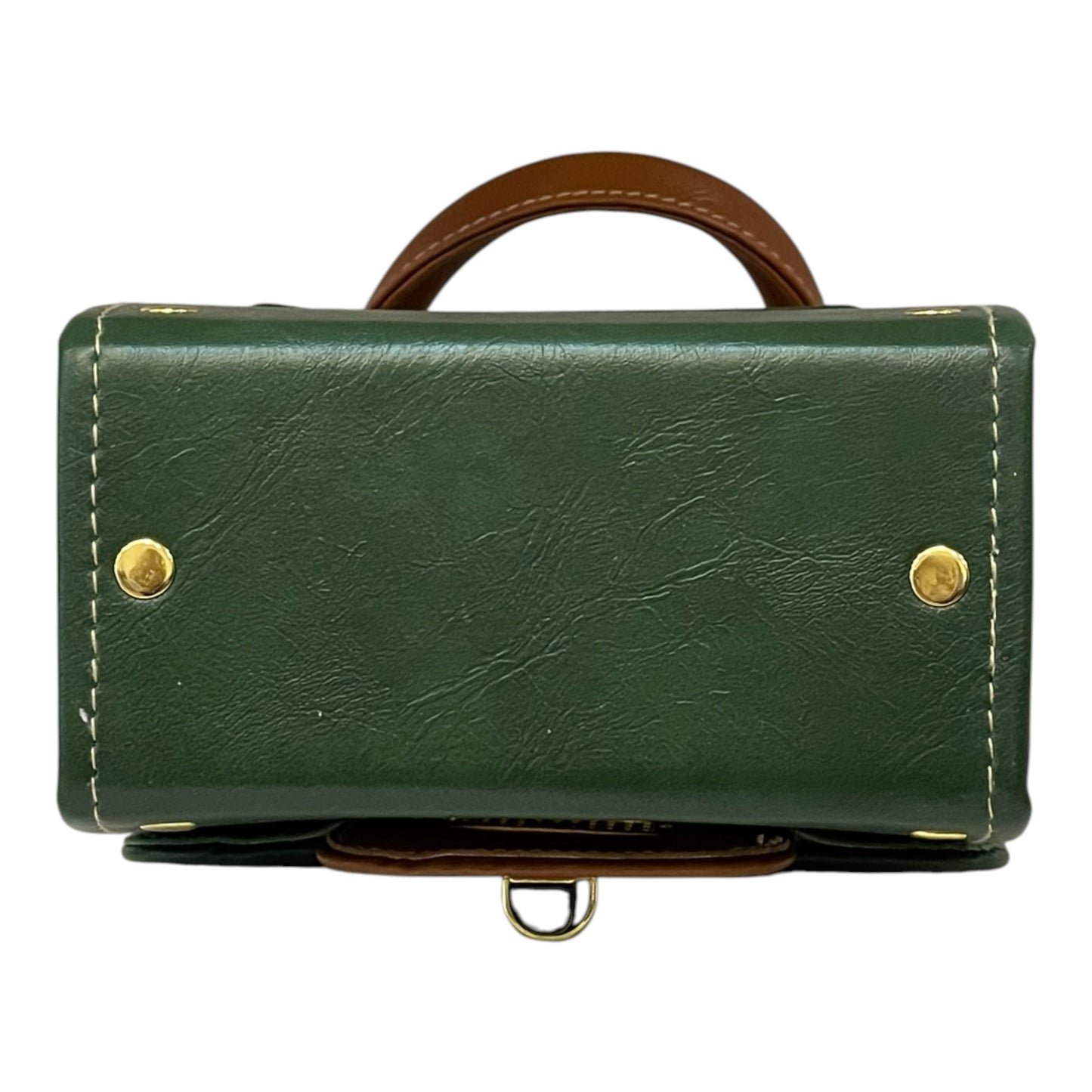 Handmade Vegan Leather Mini Satchel – Forest Green & Tan with Black Clasp | Structured Crossbody Bag 16x14x8 cm
