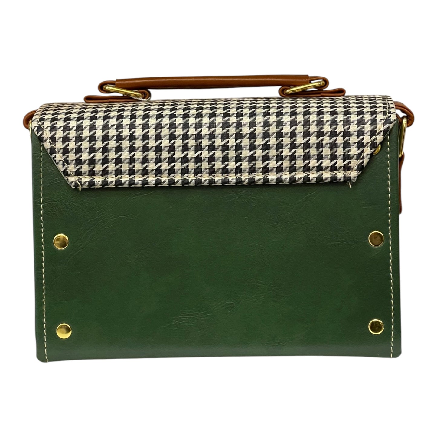 Handmade Vegan Leather Satchel – Houndstooth, Forest Green & Tan | Classic Crossbody Bag 21x14x9 cm