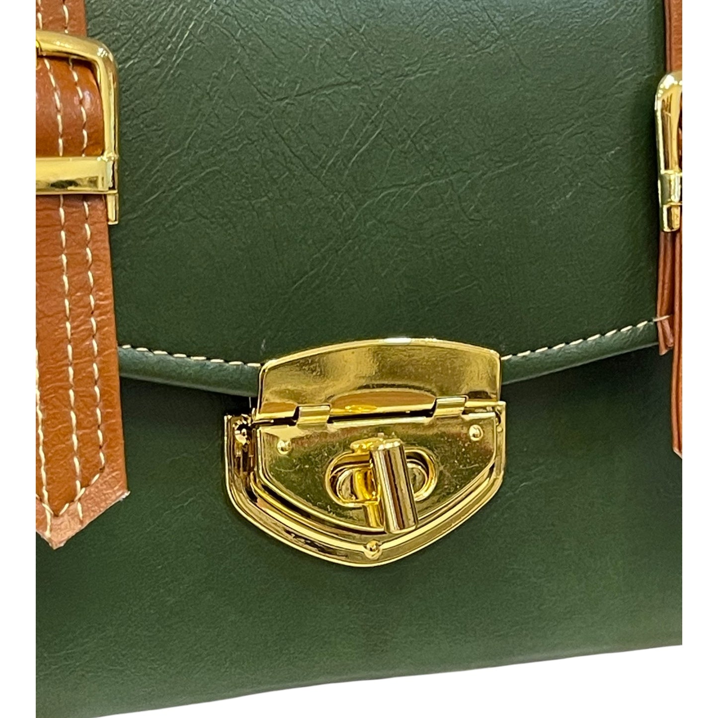 Handmade Vegan Leather Box Bag – Forest Green & Caramel with Gold Hardware (21x14x9 cm)