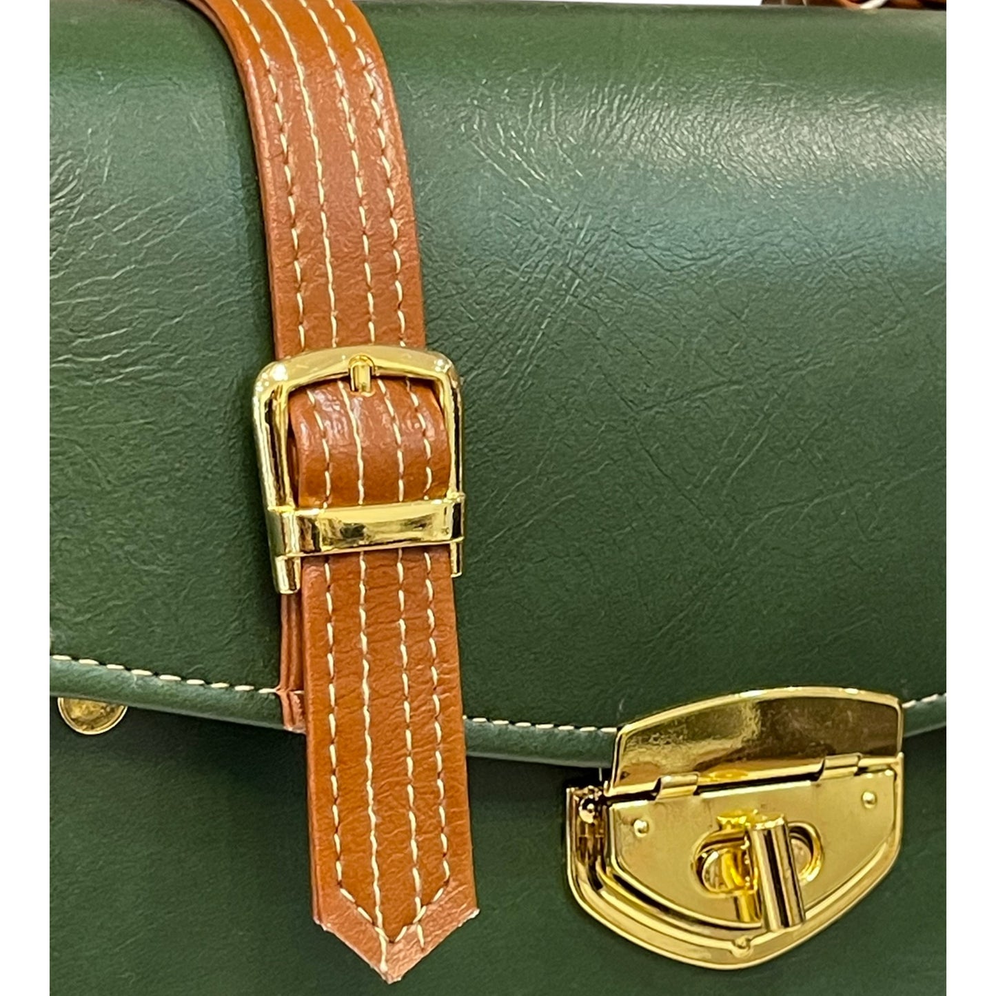 Handmade Vegan Leather Box Bag – Forest Green & Caramel with Gold Hardware (21x14x9 cm)