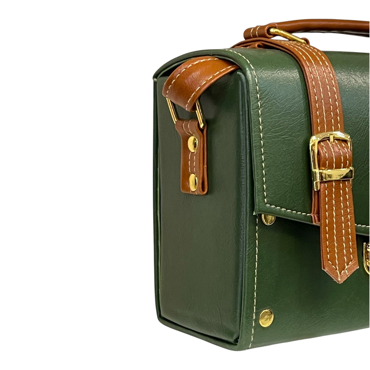 Handmade Vegan Leather Box Bag – Forest Green & Caramel with Gold Hardware (21x14x9 cm)