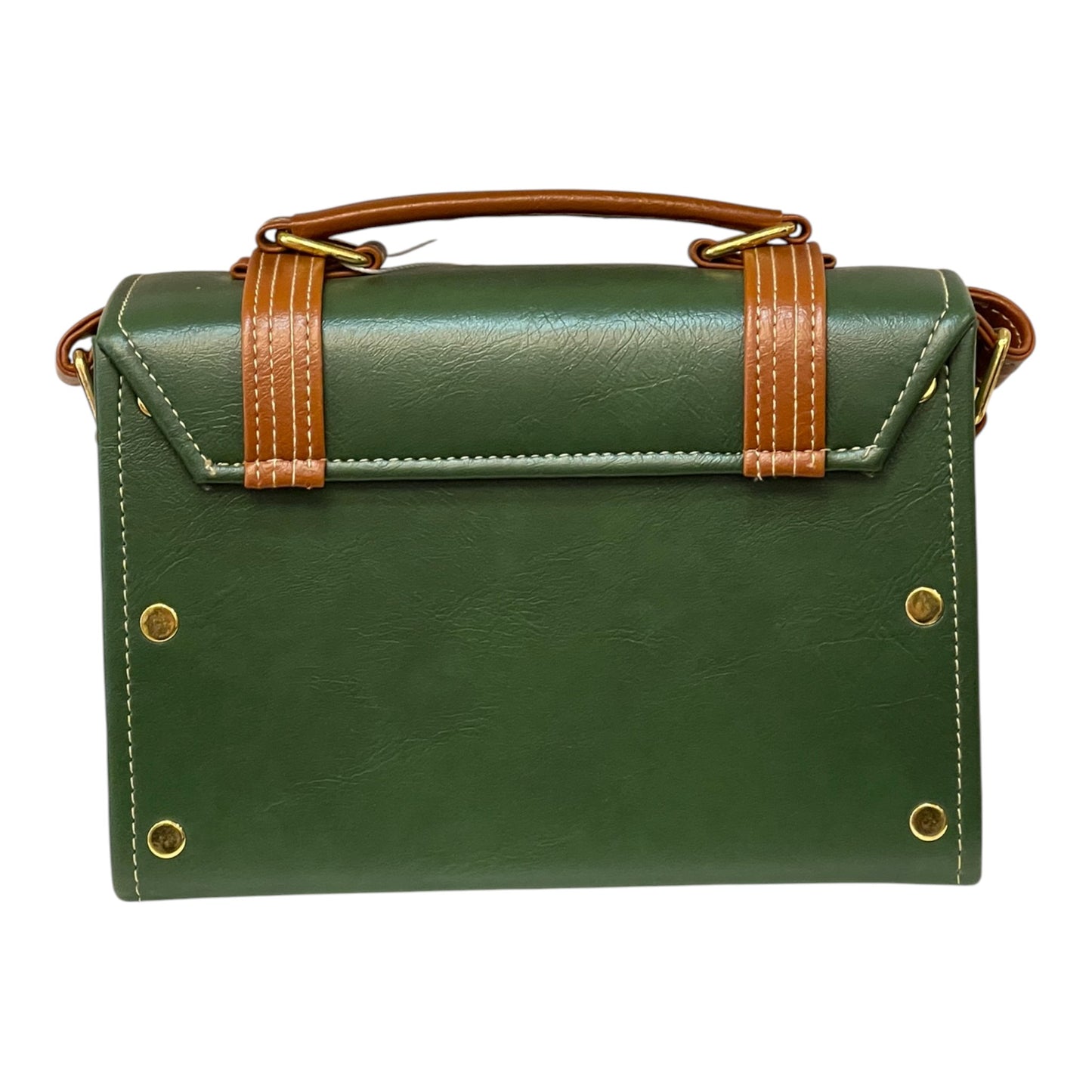 Handmade Vegan Leather Box Bag – Forest Green & Caramel with Gold Hardware (21x14x9 cm)