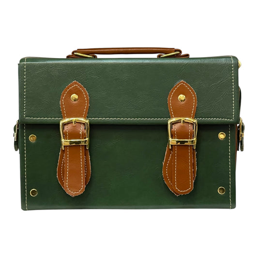 Handmade French Vegan Leather Handbag – Forest Green & Caramel Brown Satchel (25×18×11 cm)