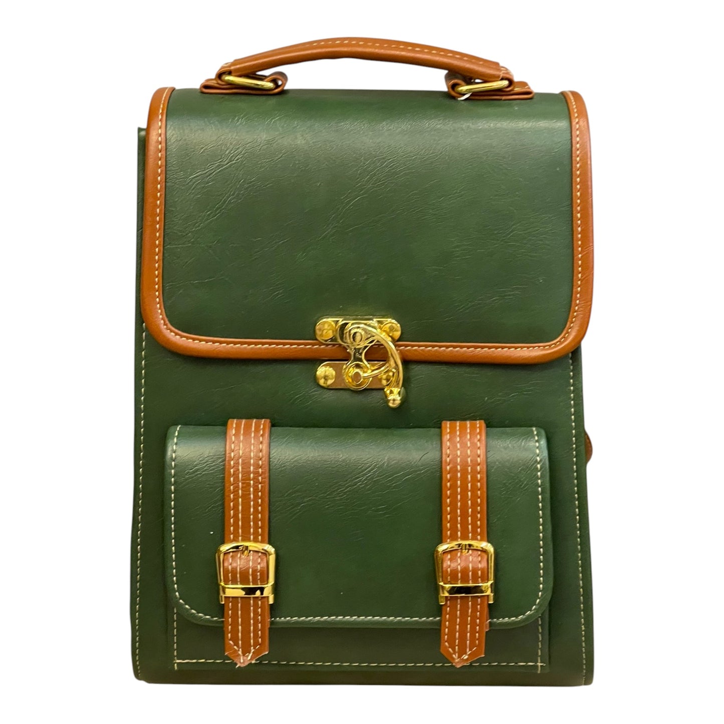 Handmade French Vegan Leather Backpack – Forest Green & Caramel Brown with Gold Hardware (27×21×13 cm)
