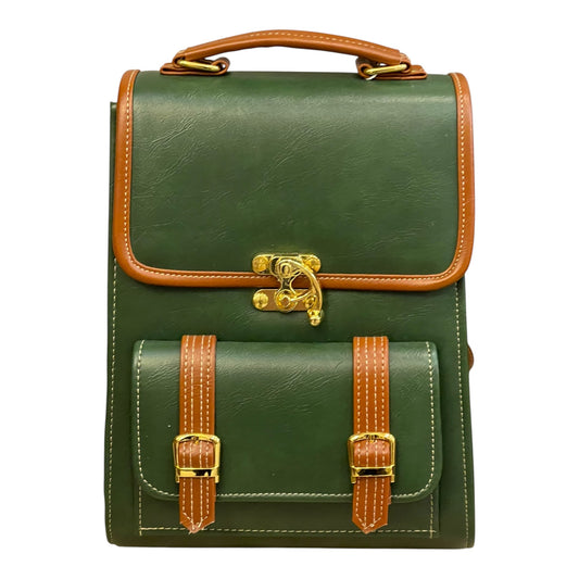 Handmade French Vegan Leather Backpack – Forest Green & Caramel Brown with Gold Hardware (27×21×13 cm)