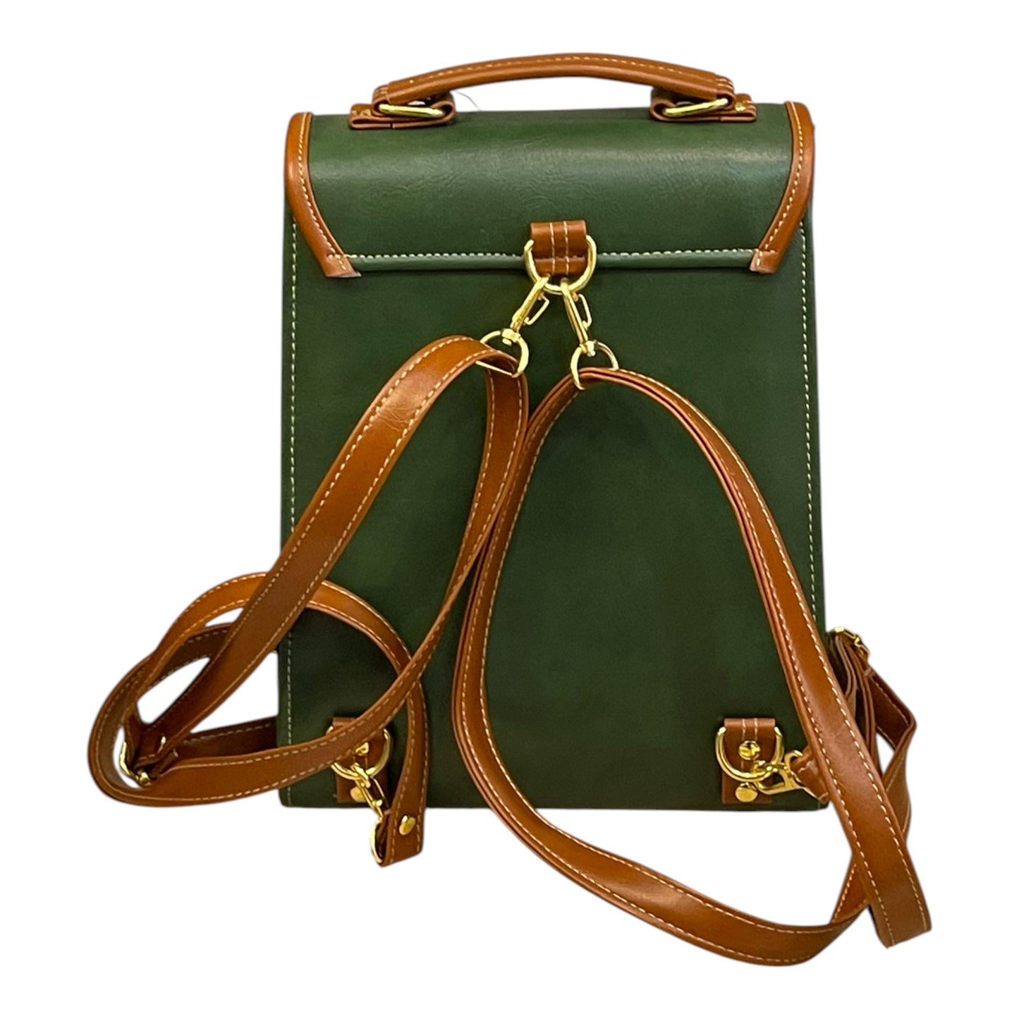Handmade French Vegan Leather Backpack – Forest Green & Caramel Brown with Gold Hardware (27×21×13 cm)