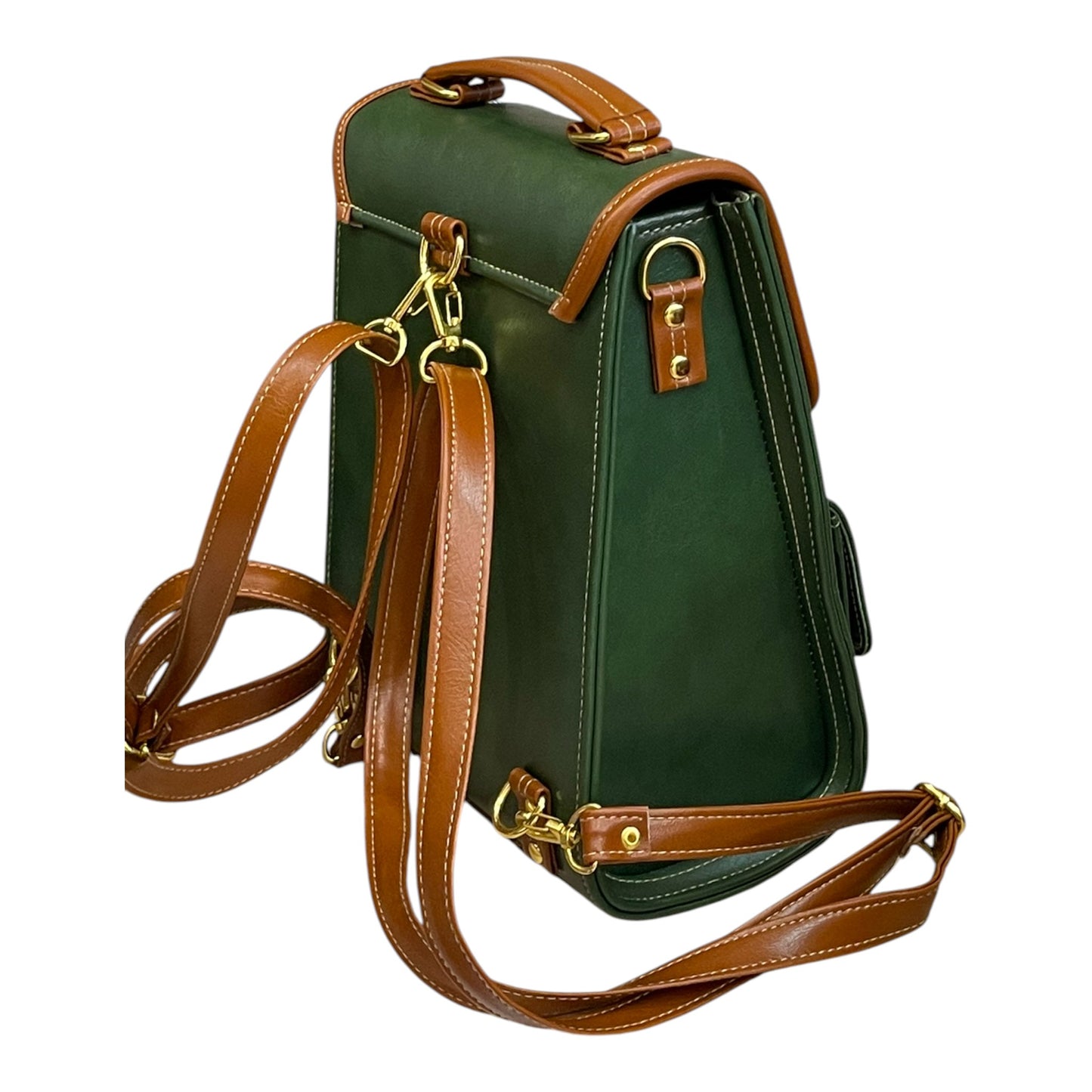 Handmade French Vegan Leather Backpack – Forest Green & Caramel Brown with Gold Hardware (27×21×13 cm)