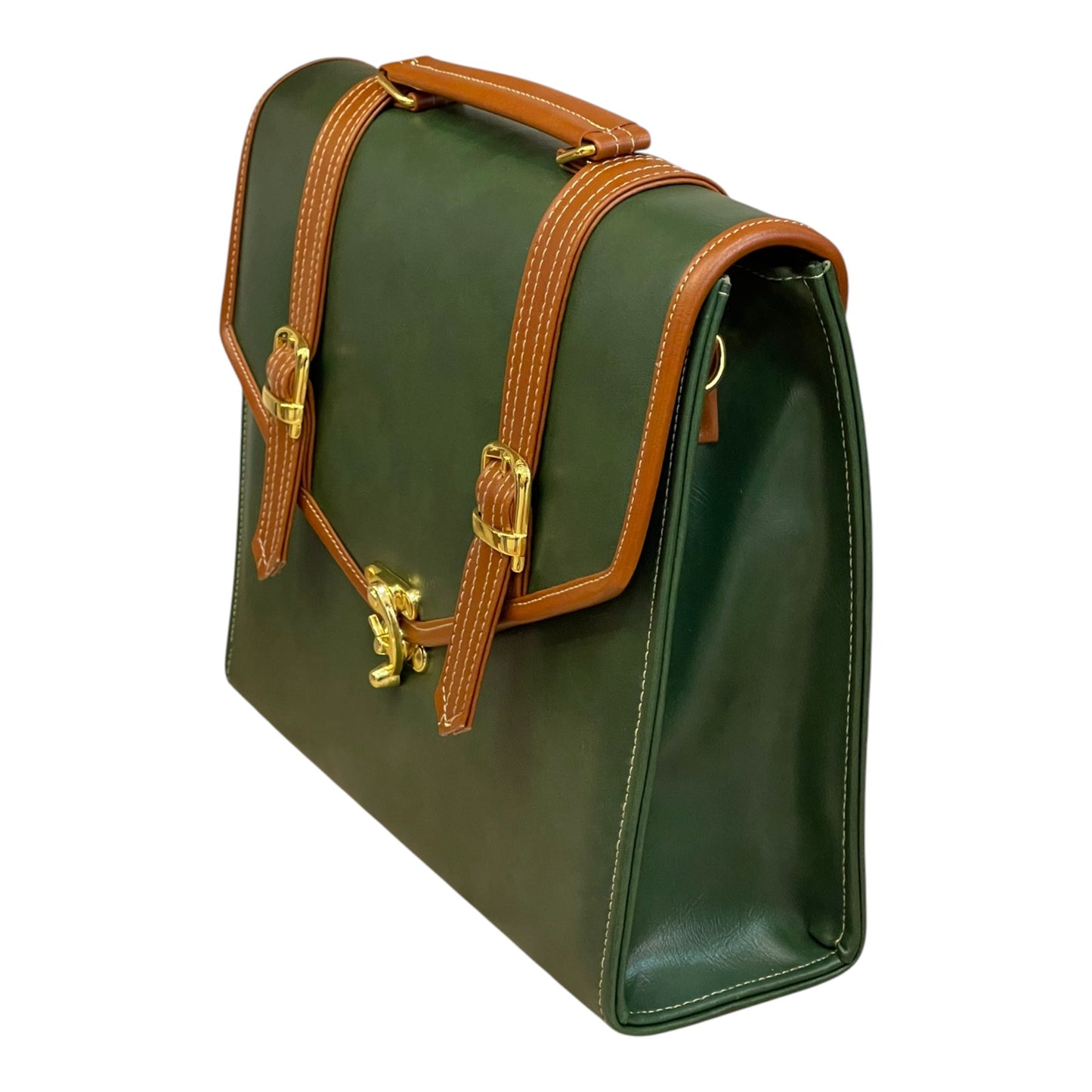Handmade French Vegan Leather Handbag – Forest Green with Tan Straps & Gold Lock (23×17×10 cm)