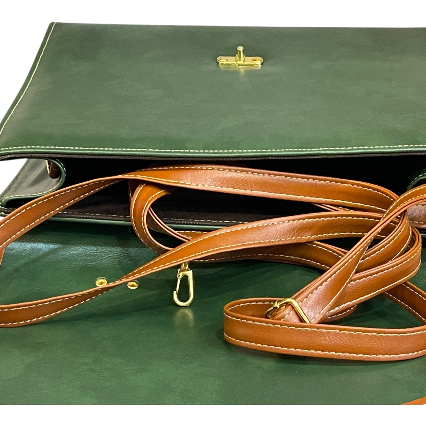 Handmade French Vegan Leather Handbag – Forest Green with Tan Straps & Gold Lock (23×17×10 cm)