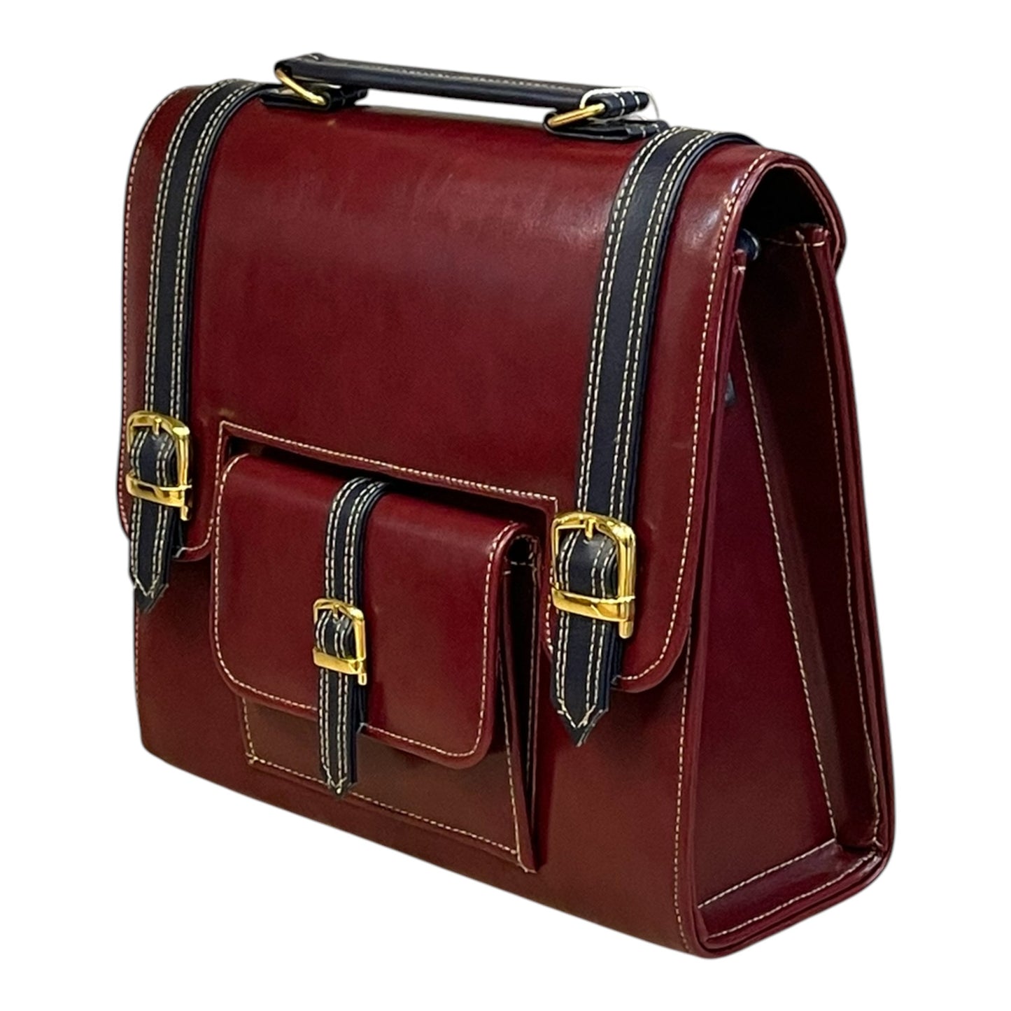 Handmade Vegan Leather Satchel – Burgundy & Navy Classic Bag with Gold Accents (23x17x10 cm)