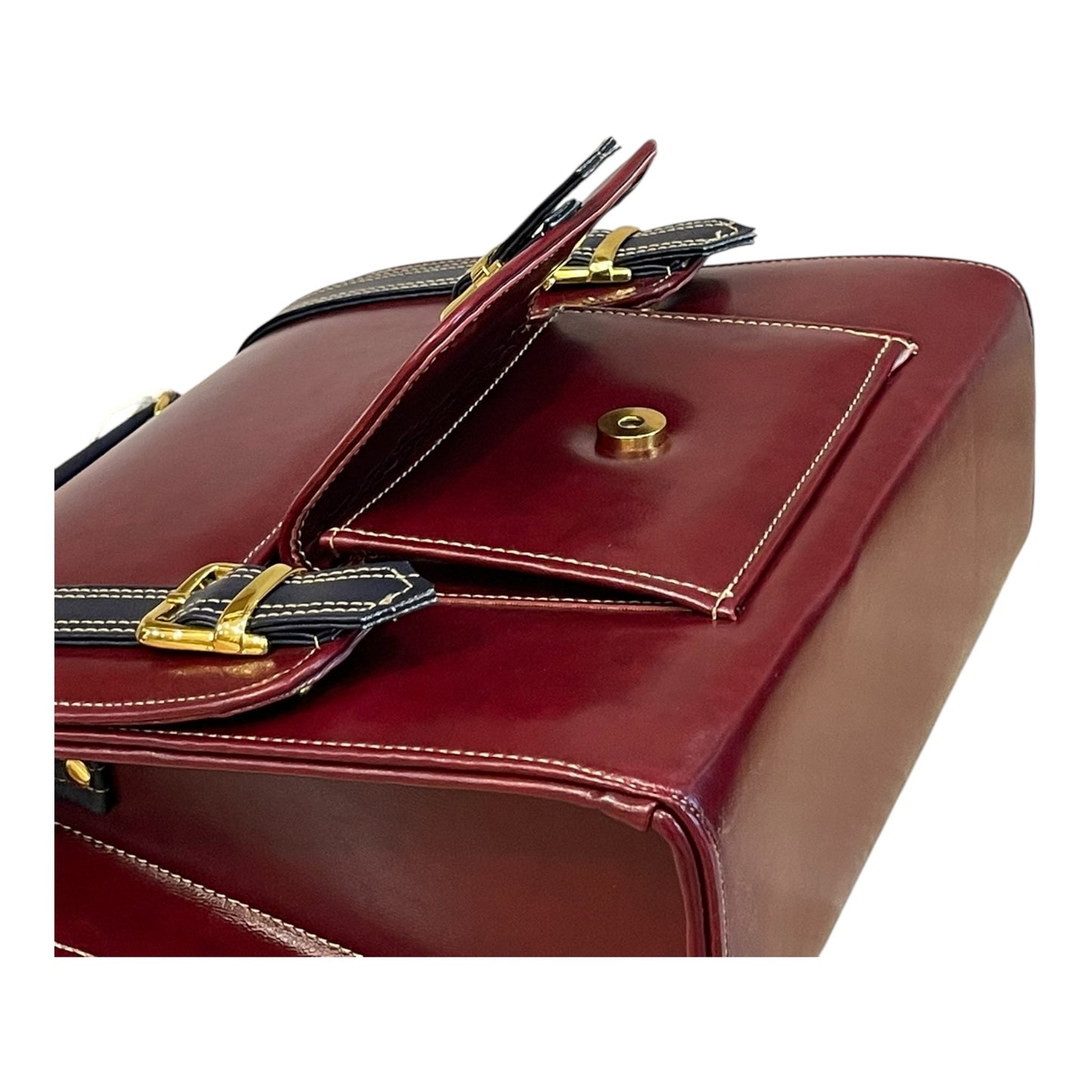 Handmade Vegan Leather Satchel – Burgundy & Navy Classic Bag with Gold Accents (23x17x10 cm)
