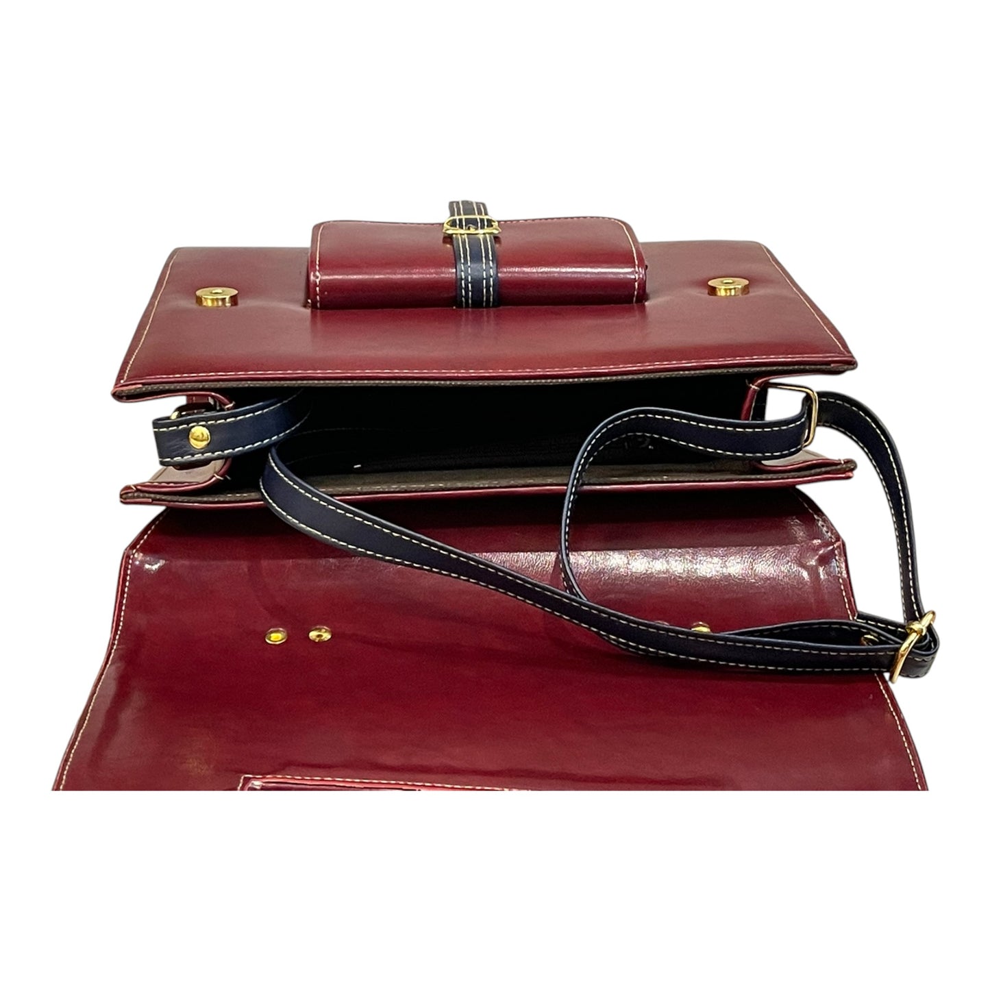 Handmade Vegan Leather Satchel – Burgundy & Navy Classic Bag with Gold Accents (23x17x10 cm)