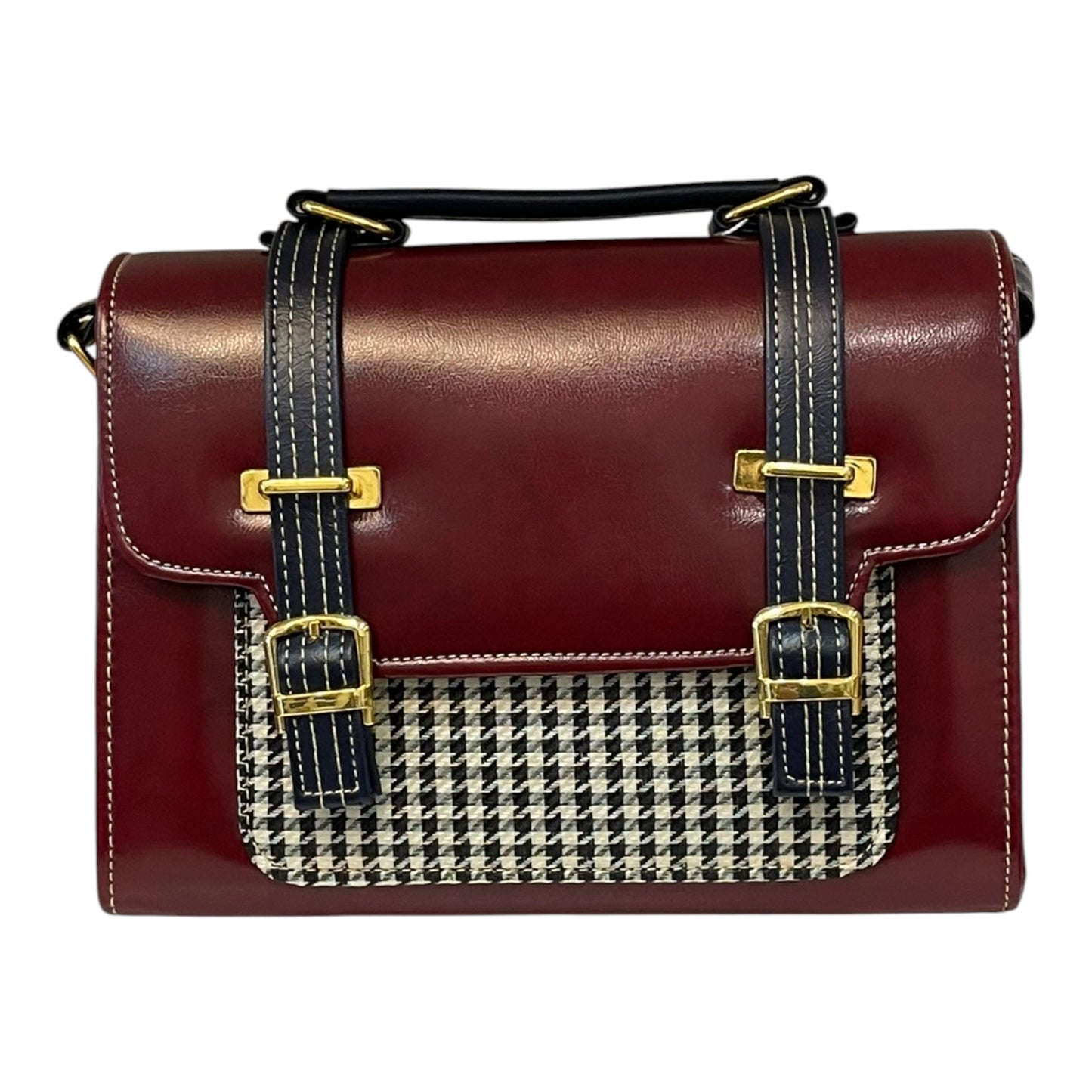 Handmade French Vegan Leather Handbag – Burgundy & Houndstooth with Dual Buckle Straps (23×16×10 cm)