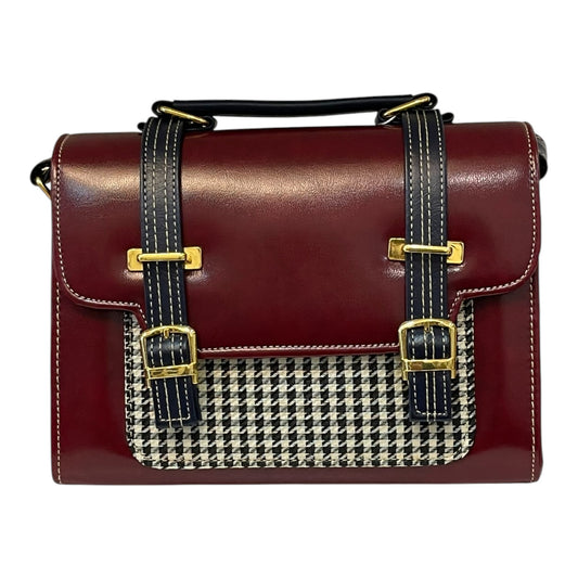 Handmade French Vegan Leather Handbag – Burgundy & Houndstooth with Dual Buckle Straps (23×16×10 cm)