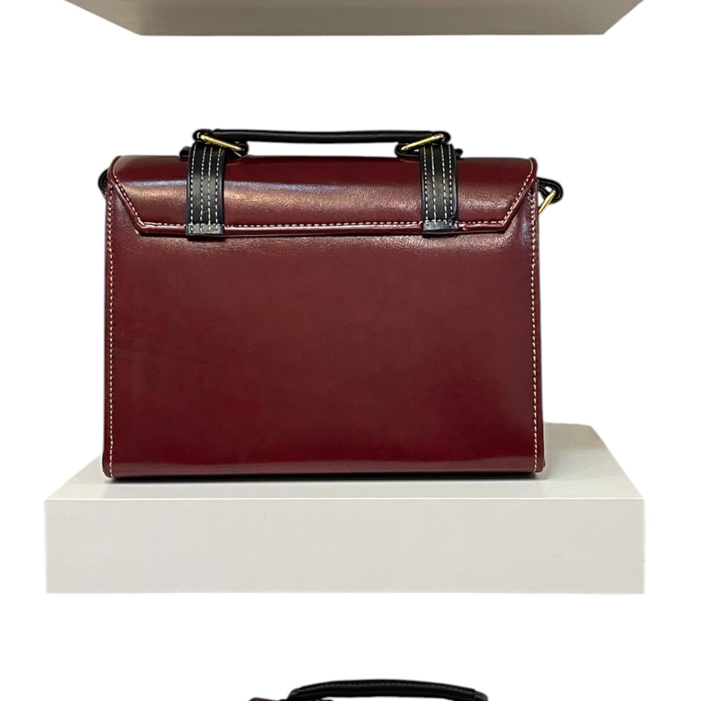 Handmade French Vegan Leather Handbag – Burgundy & Houndstooth with Dual Buckle Straps (23×16×10 cm)