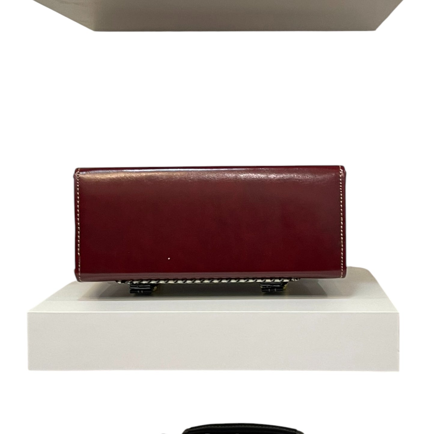 Handmade French Vegan Leather Handbag – Burgundy & Houndstooth with Dual Buckle Straps (23×16×10 cm)