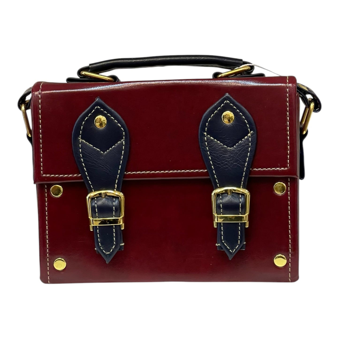 Handmade Vegan Leather Mini Satchel – Burgundy & Navy Blue with Gold Buckles (18x14x6 cm)