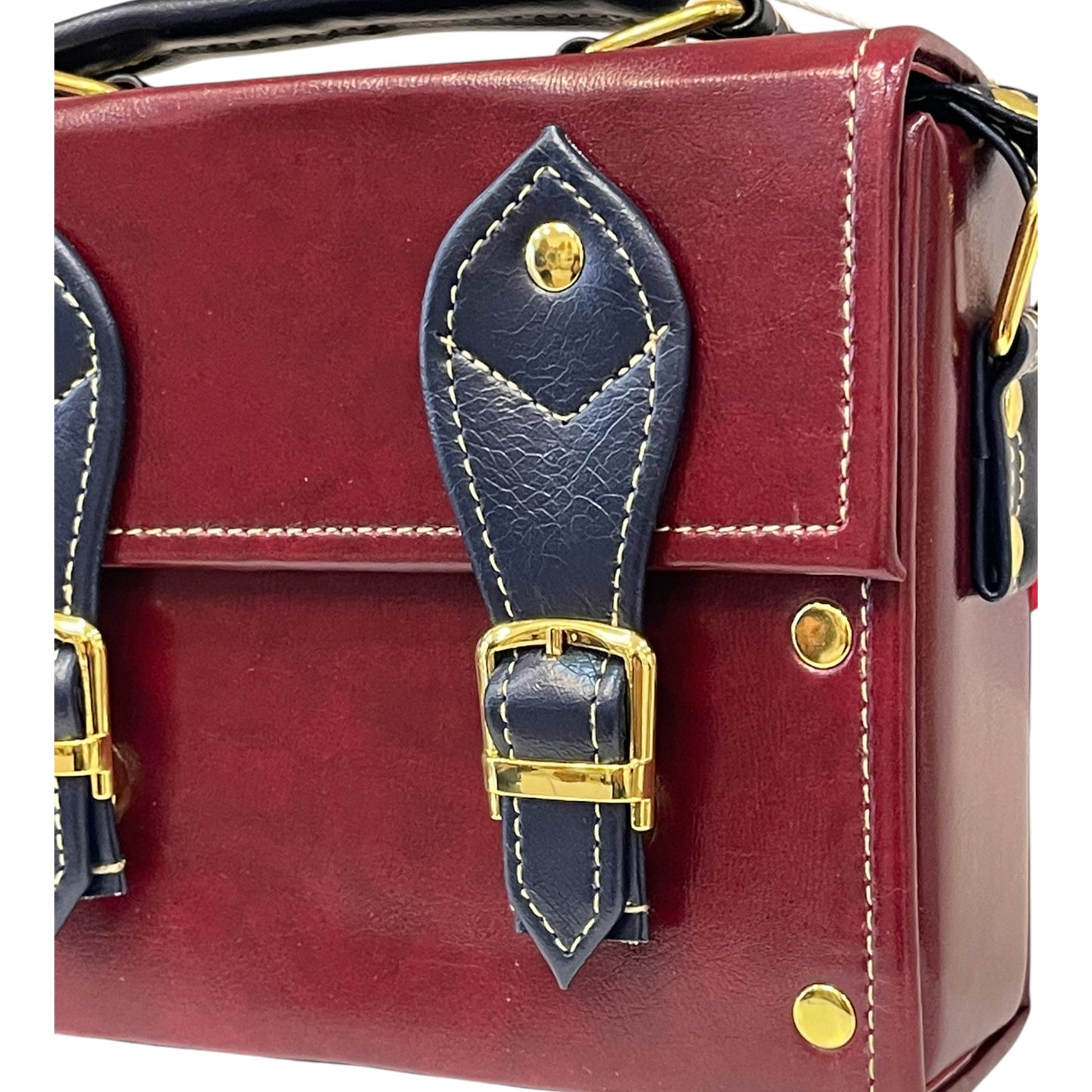 Handmade Vegan Leather Mini Satchel – Burgundy & Navy Blue with Gold Buckles (18x14x6 cm)