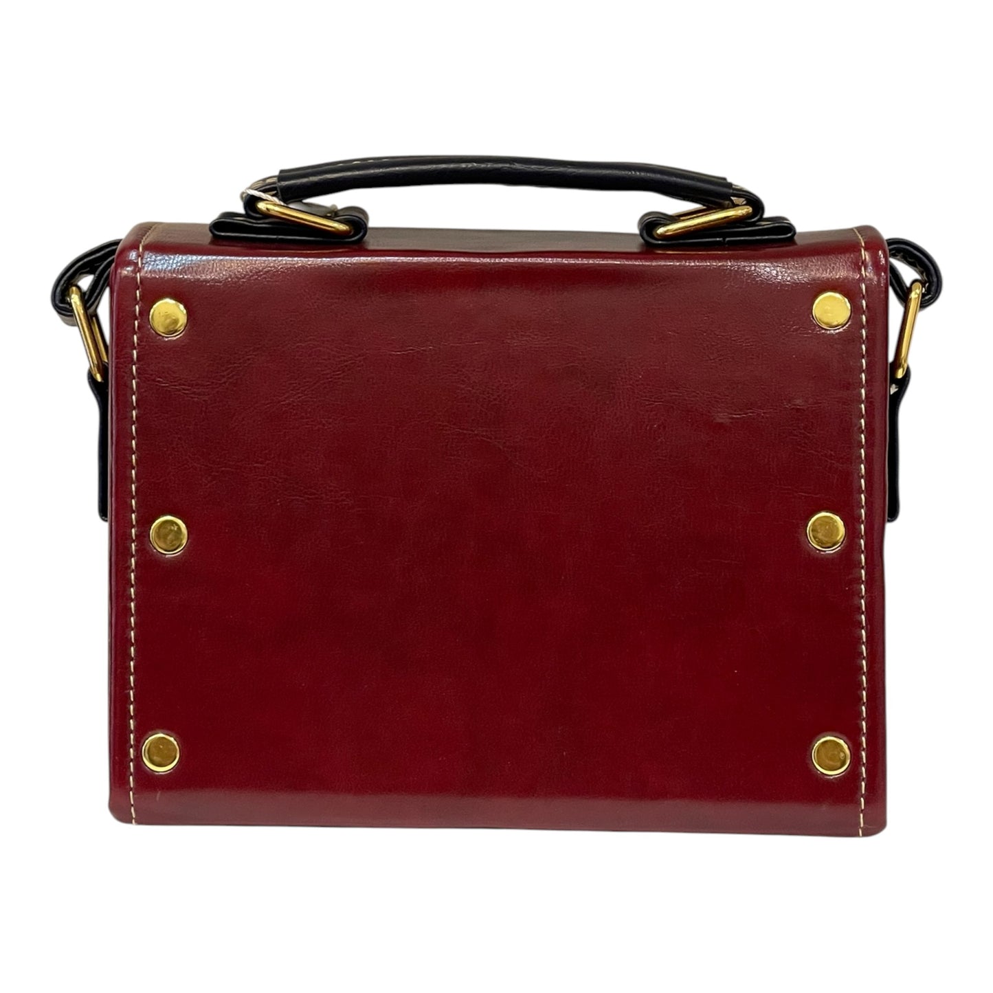 Handmade Vegan Leather Mini Satchel – Burgundy & Navy Blue with Gold Buckles (18x14x6 cm)