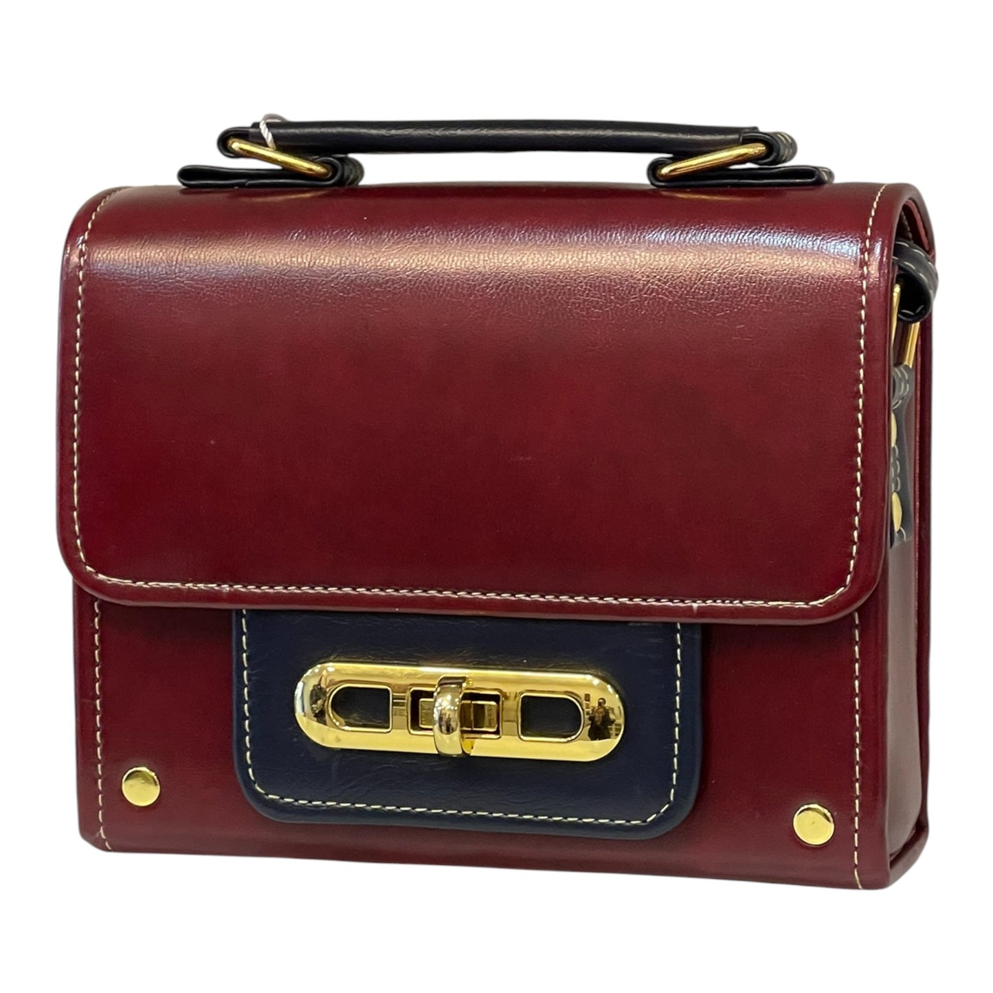 Handmade Vegan Leather Crossbody Bag – Burgundy & Navy with Gold Turn-Lock Detail (21x14x9 cm)