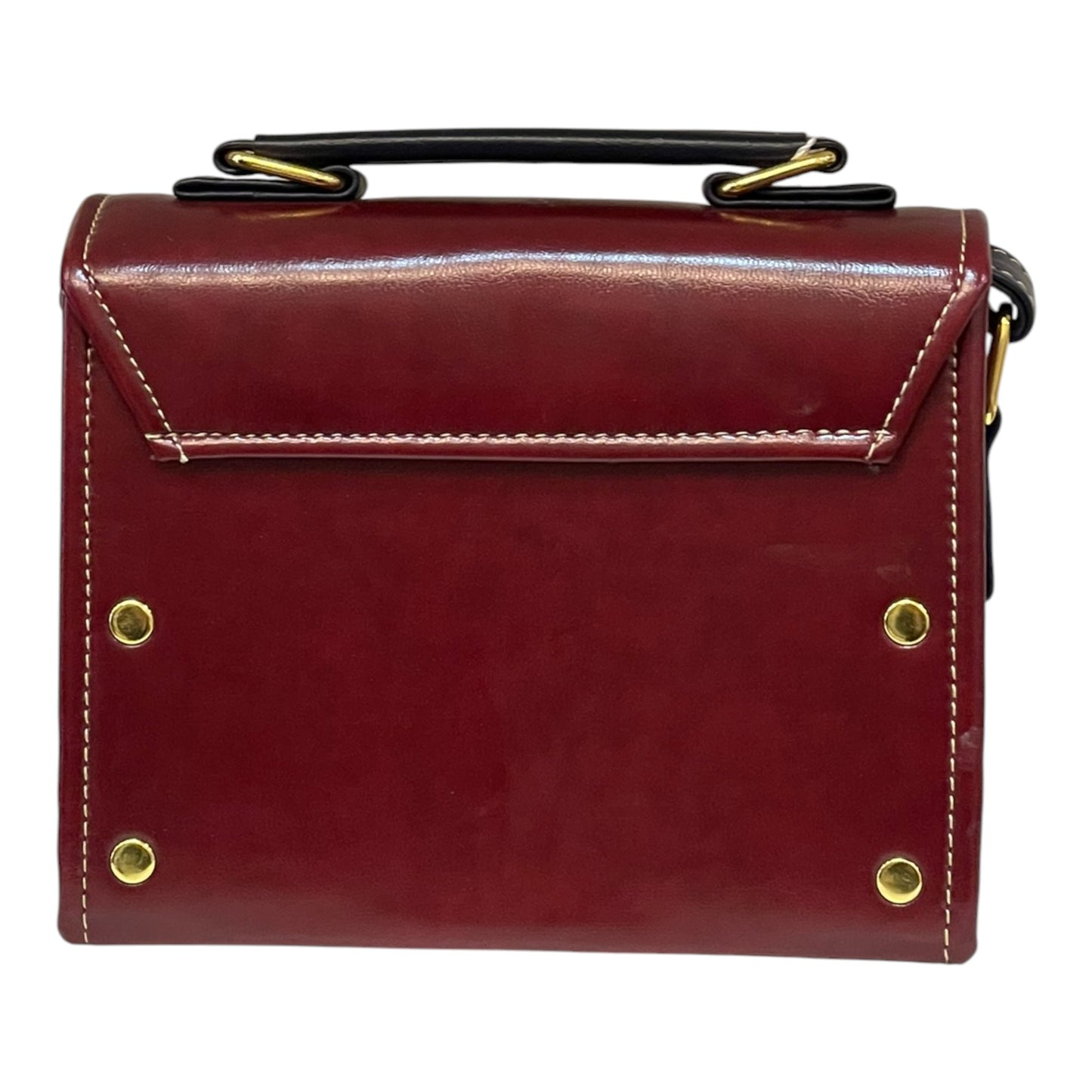 Handmade Vegan Leather Crossbody Bag – Burgundy & Navy with Gold Turn-Lock Detail (21x14x9 cm)