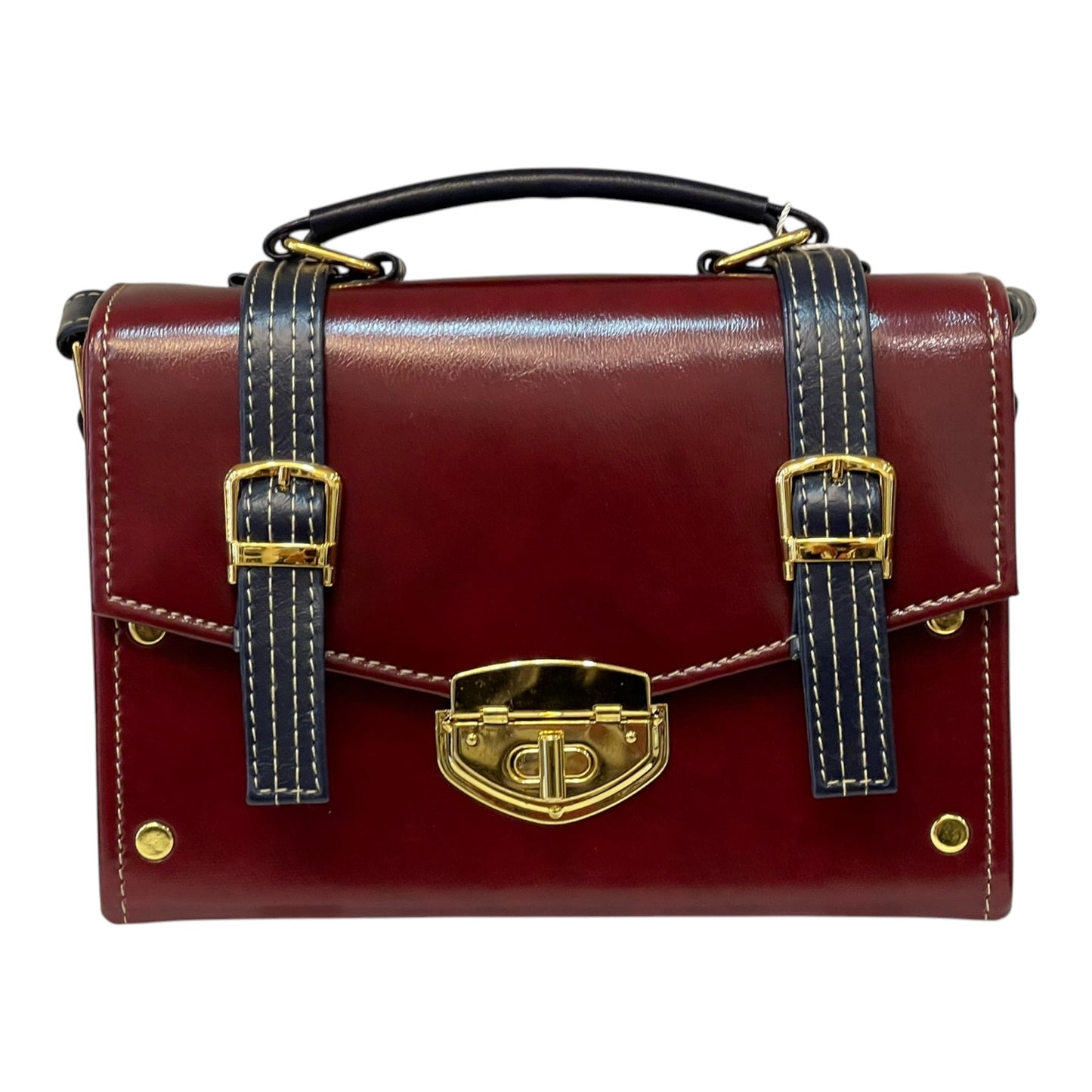 Handmade Vegan Leather Satchel Bag – Burgundy Red & Navy Straps with Gold Hardware | 21x14x9 cm