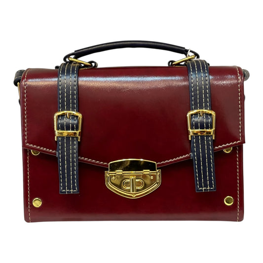 Handmade Vegan Leather Satchel Bag – Burgundy Red & Navy Straps with Gold Hardware | 21x14x9 cm
