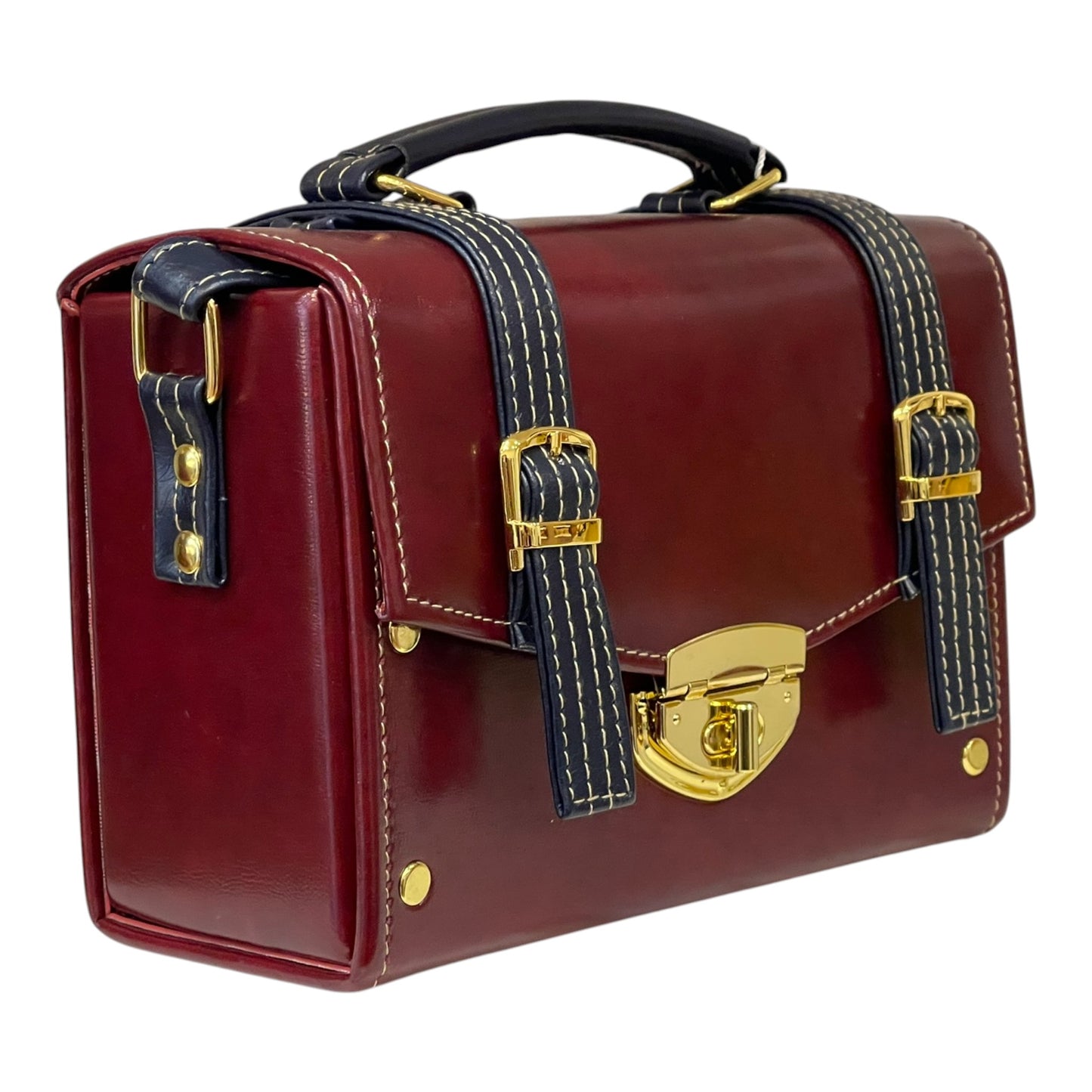 Handmade Vegan Leather Satchel Bag – Burgundy Red & Navy Straps with Gold Hardware | 21x14x9 cm
