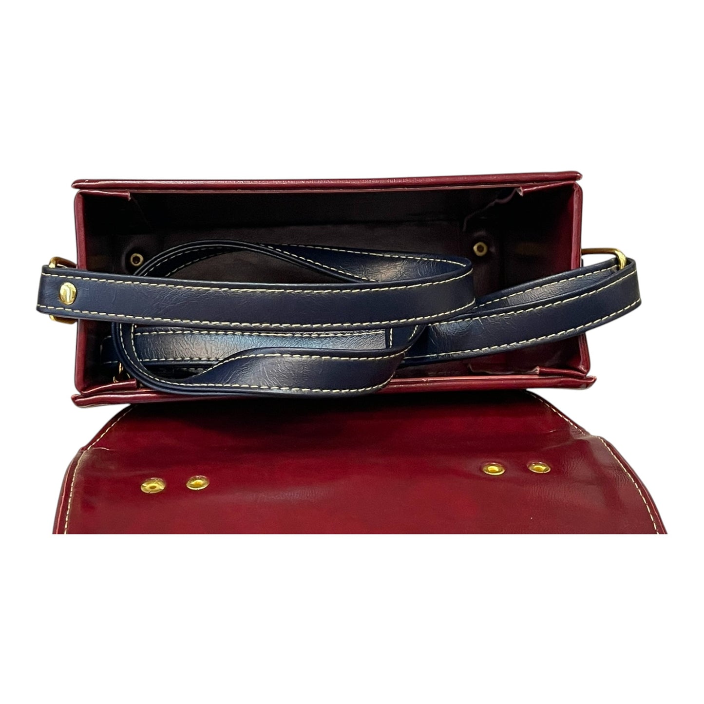 Handmade Vegan Leather Crossbody Bag – Burgundy & Navy with Gold Buckle Accents (21x14x9 cm)