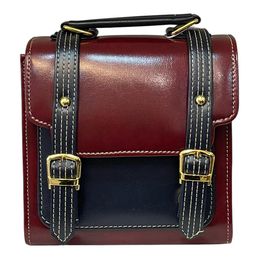 Handmade French Vegan Leather Handbag – Burgundy & Midnight Blue with Gold Buckles (16×16×9 cm)