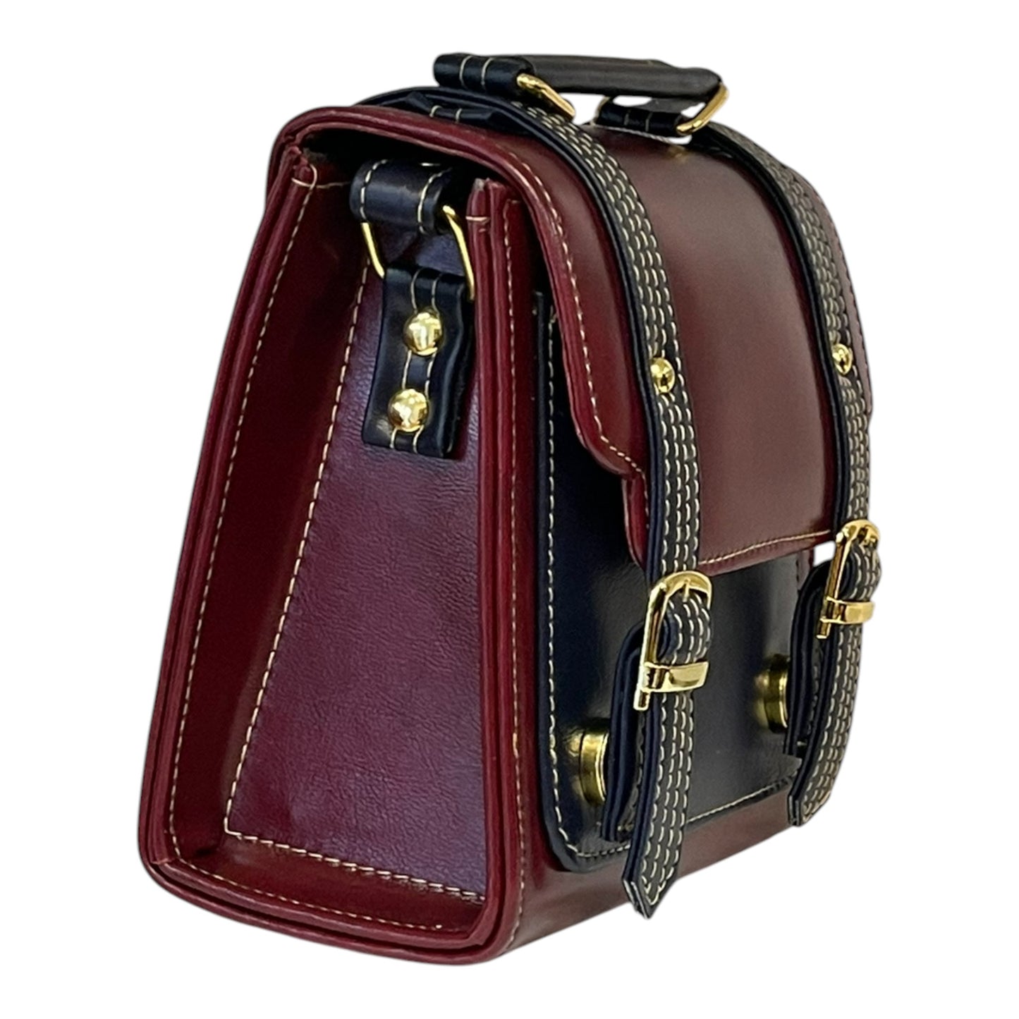 Handmade French Vegan Leather Handbag – Burgundy & Midnight Blue with Gold Buckles (16×16×9 cm)