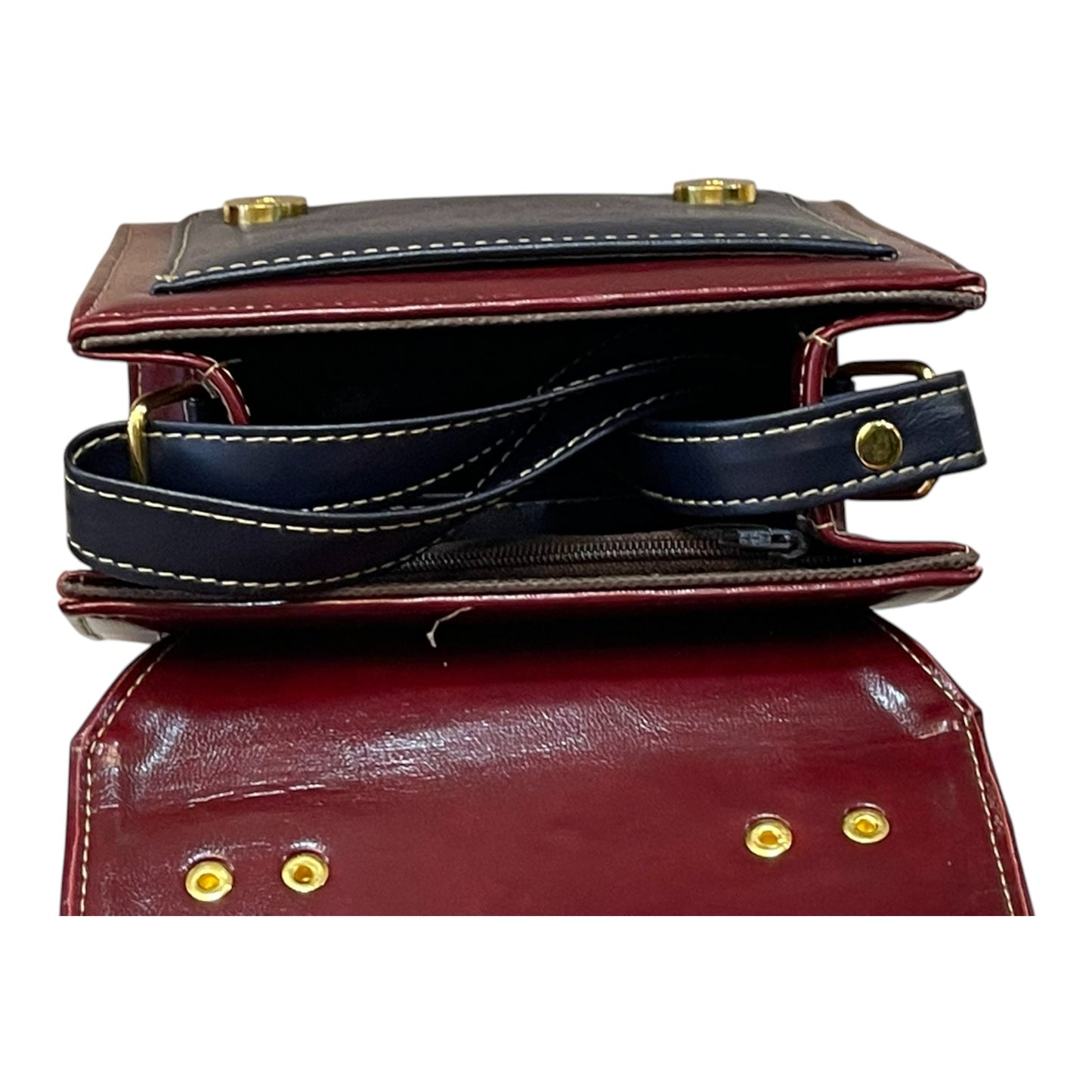 Handmade French Vegan Leather Handbag – Burgundy & Midnight Blue with Gold Buckles (16×16×9 cm)