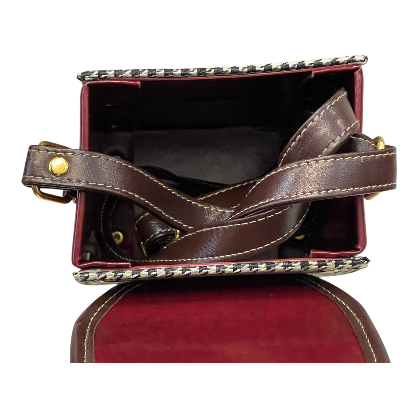 Handmade Vegan Leather & Houndstooth Crossbody Bag – Burgundy & Brown (16x13x9 cm)