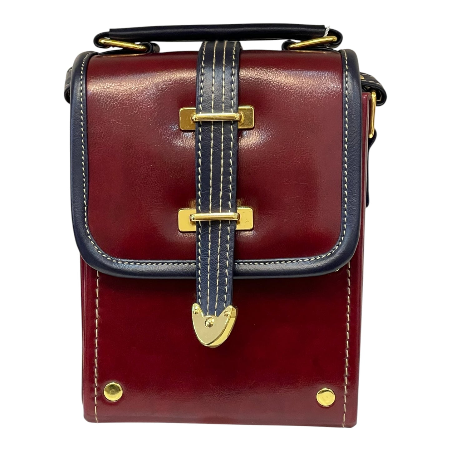 Handmade Vegan Leather Crossbody Bag – Burgundy & Navy with Gold Hardware (16x13x9 cm)