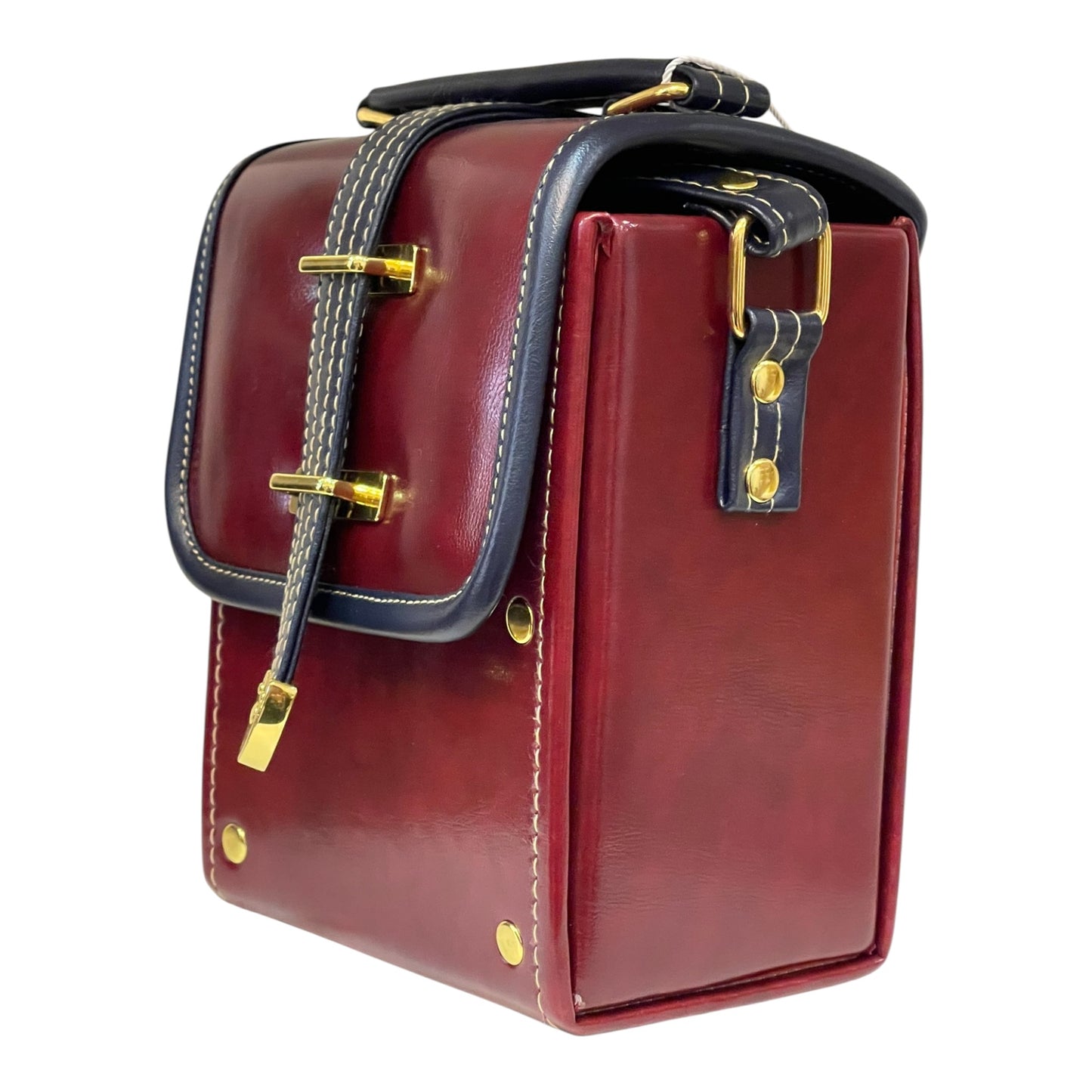 Handmade Vegan Leather Crossbody Bag – Burgundy & Navy with Gold Hardware (16x13x9 cm)