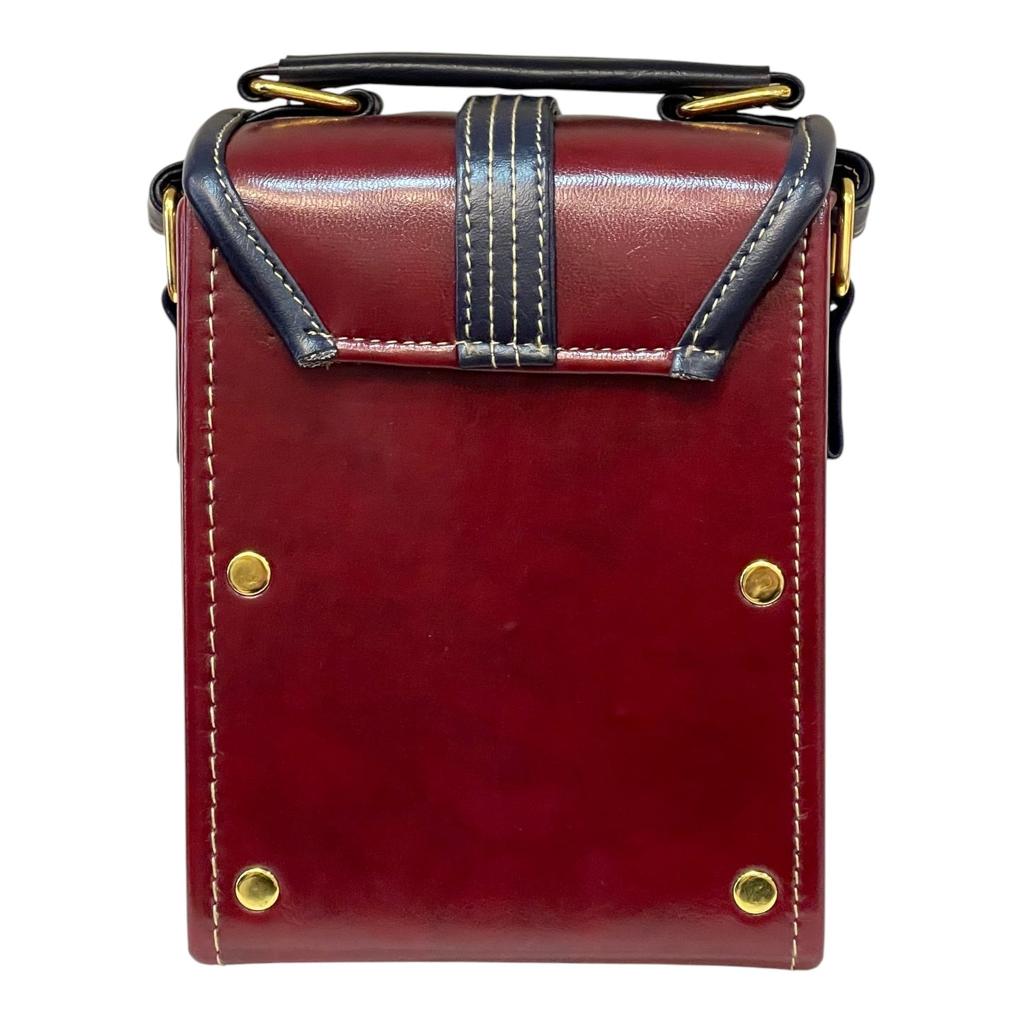 Handmade Vegan Leather Crossbody Bag – Burgundy & Navy with Gold Hardware (16x13x9 cm)