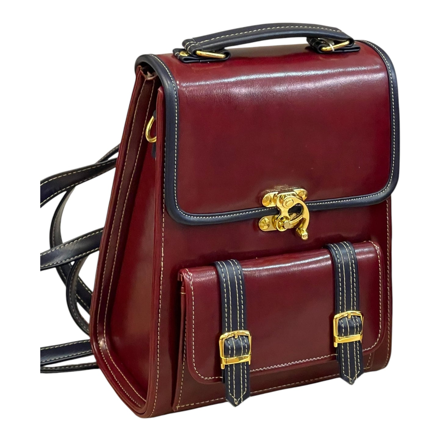 Handmade Vegan Leather Backpack – Burgundy & Navy with Gold Hardware (27x21x13 cm)