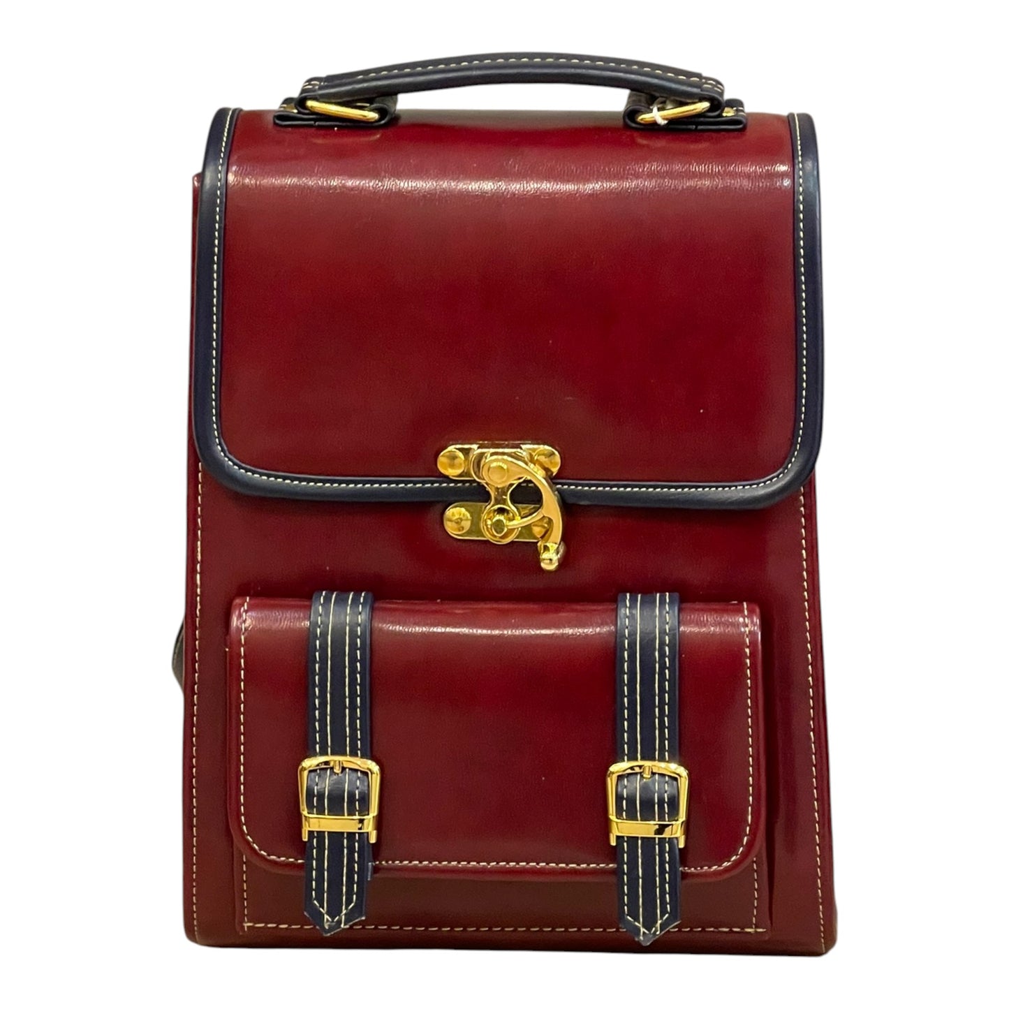 Handmade Vegan Leather Backpack – Burgundy & Navy with Gold Hardware (27x21x13 cm)