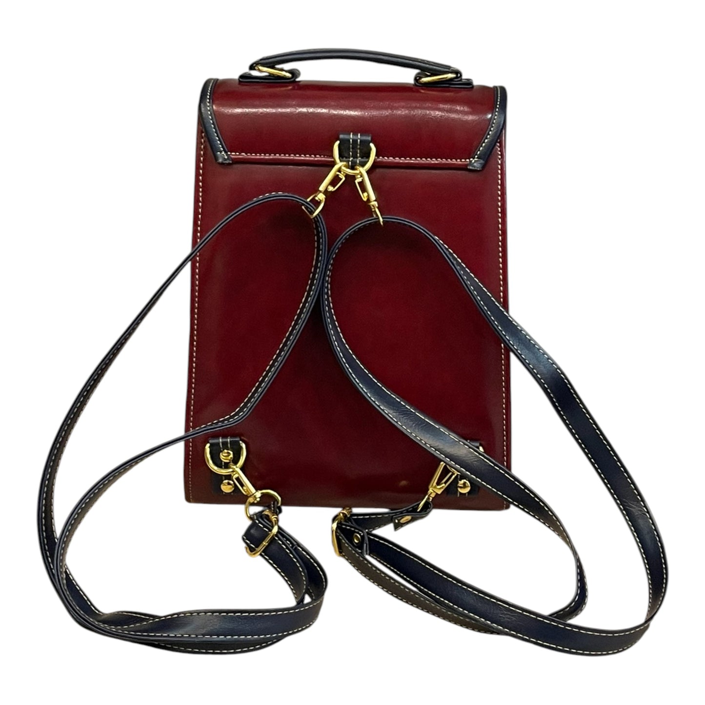Handmade Vegan Leather Backpack – Burgundy & Navy with Gold Hardware (27x21x13 cm)