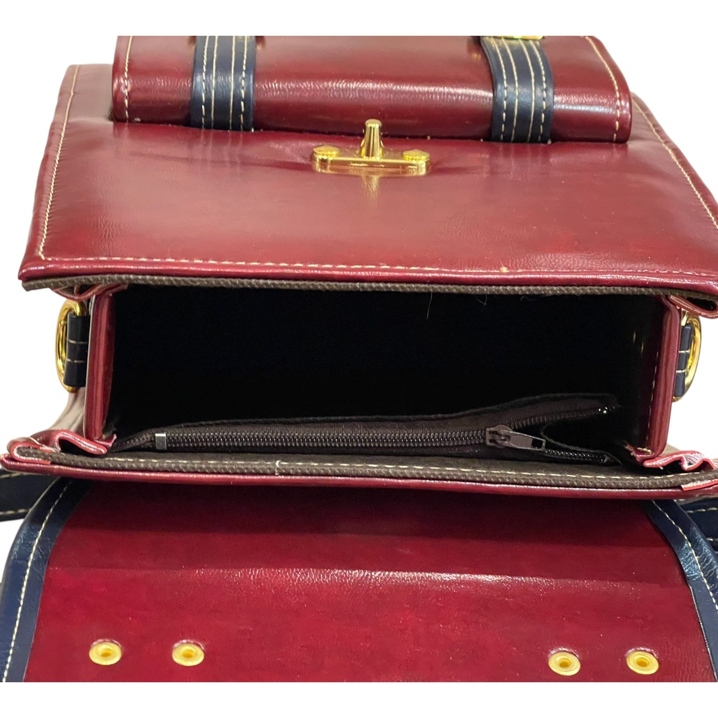 Handmade Vegan Leather Backpack – Burgundy & Navy with Gold Hardware (27x21x13 cm)