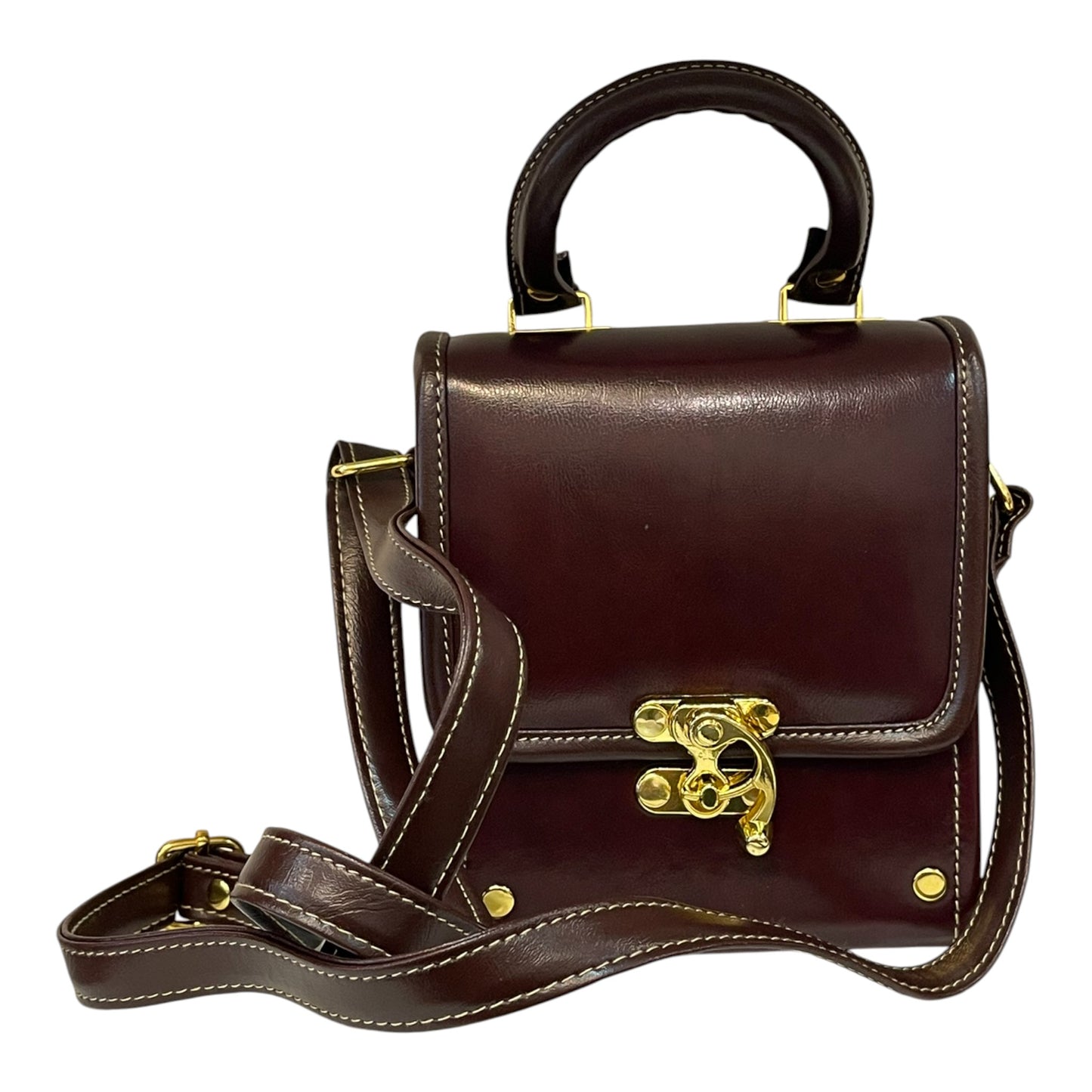 Handmade Vegan Leather Crossbody Bag – Deep Chocolate Brown with Gold Hardware (16x14x8 cm)