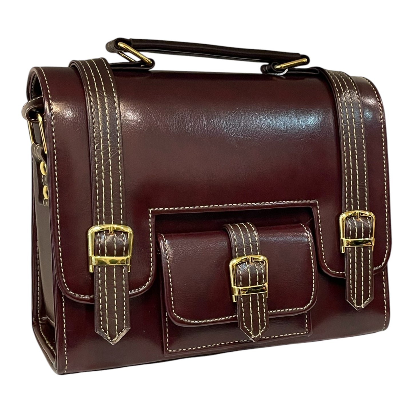 Handmade Vegan Leather Satchel – Deep Brown Classic Bag with Gold Buckles (23x17x10 cm)