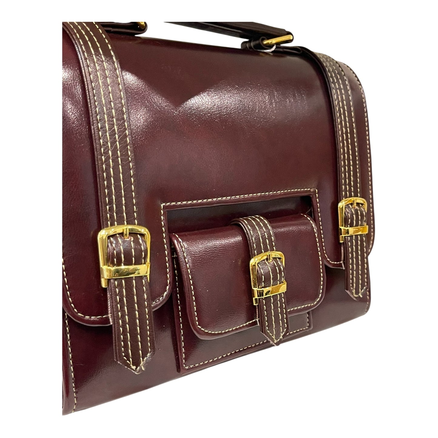 Handmade Vegan Leather Satchel – Deep Brown Classic Bag with Gold Buckles (23x17x10 cm)
