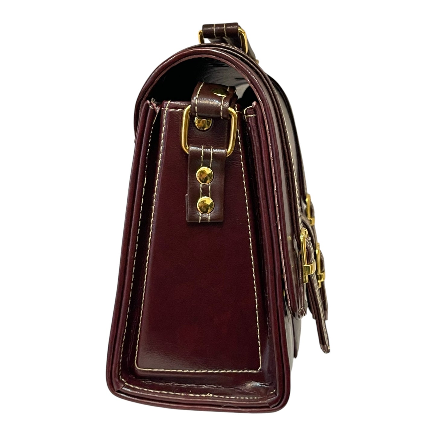 Handmade Vegan Leather Satchel – Deep Brown Classic Bag with Gold Buckles (23x17x10 cm)